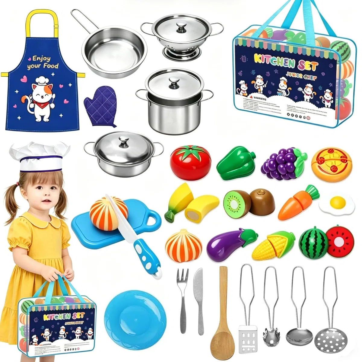 Giochi Cucina Bambini 32 Pezzi Giocattoli da Cucina per Bambini,Cucina Accessori Cucina Bambini,Giocattolo per Bambini Set di Pentole e Padelle in Acciaio Inossidabile,Utensili da Cucina