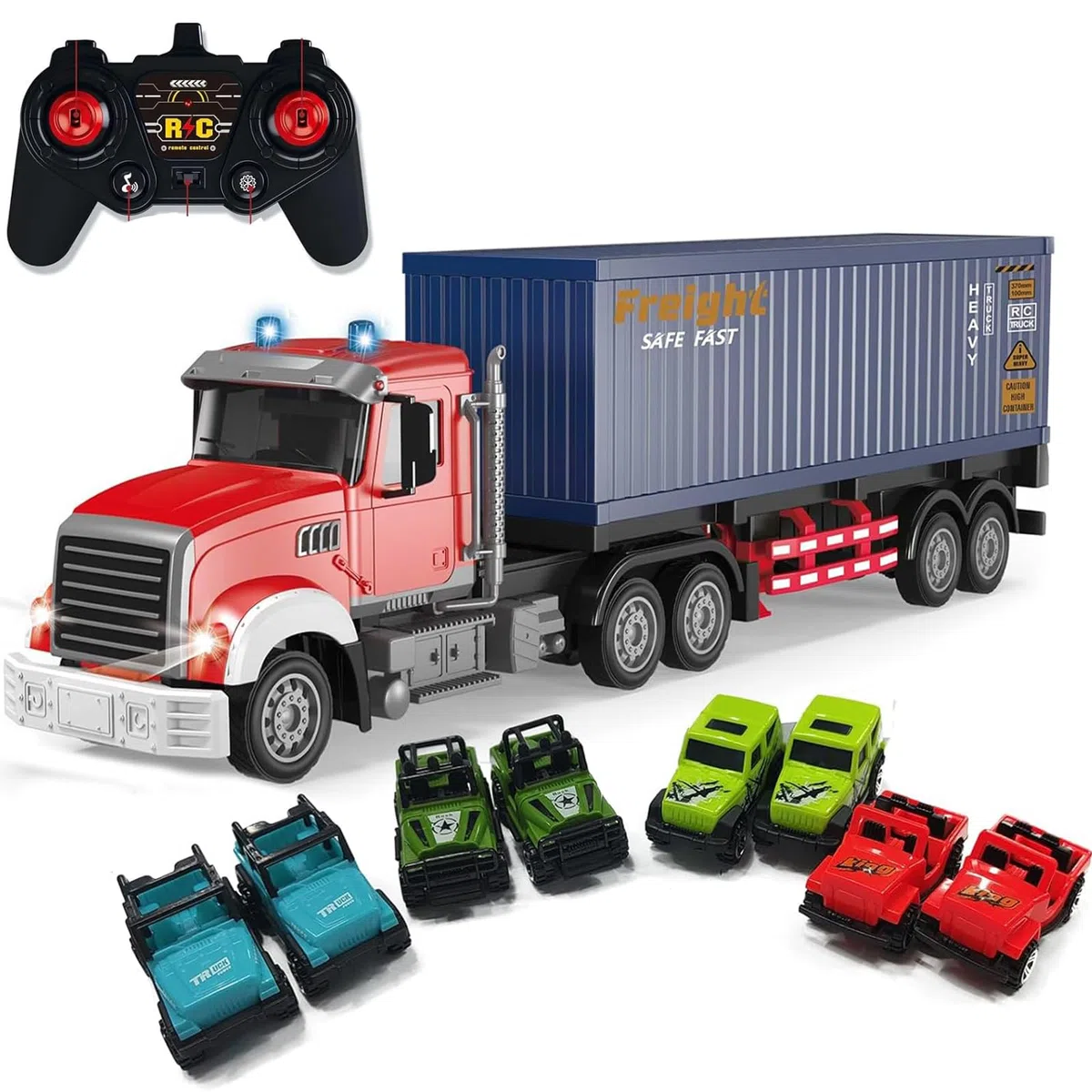Mostop - Camion Trasportatore di Contenitori RC, Veicolo di Trasporto 10WD in ABS e Metallo, Carrozzie Trasportabili di Grandi Dimensioni con Telecomando e 8 Carrellini, Camion Giocattolo