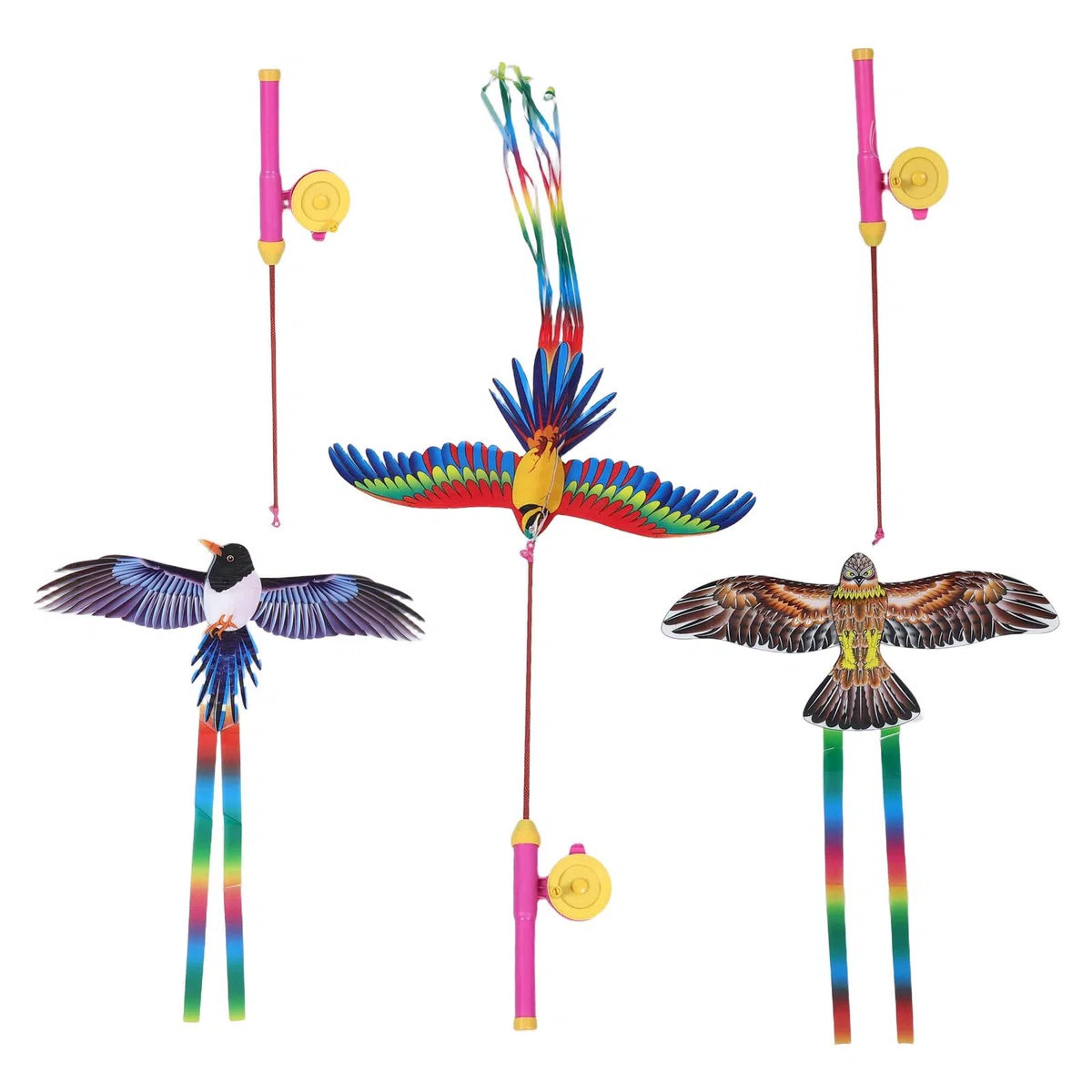 3 Set di Aquiloni Dinamici per Uccelli - Aquiloni con Canna da Pesca per Attività All'aperto per Bambini E Famiglie - a Forma di Aquila, Pappagallo E Gazza, Giocattolo Volante Facile per
