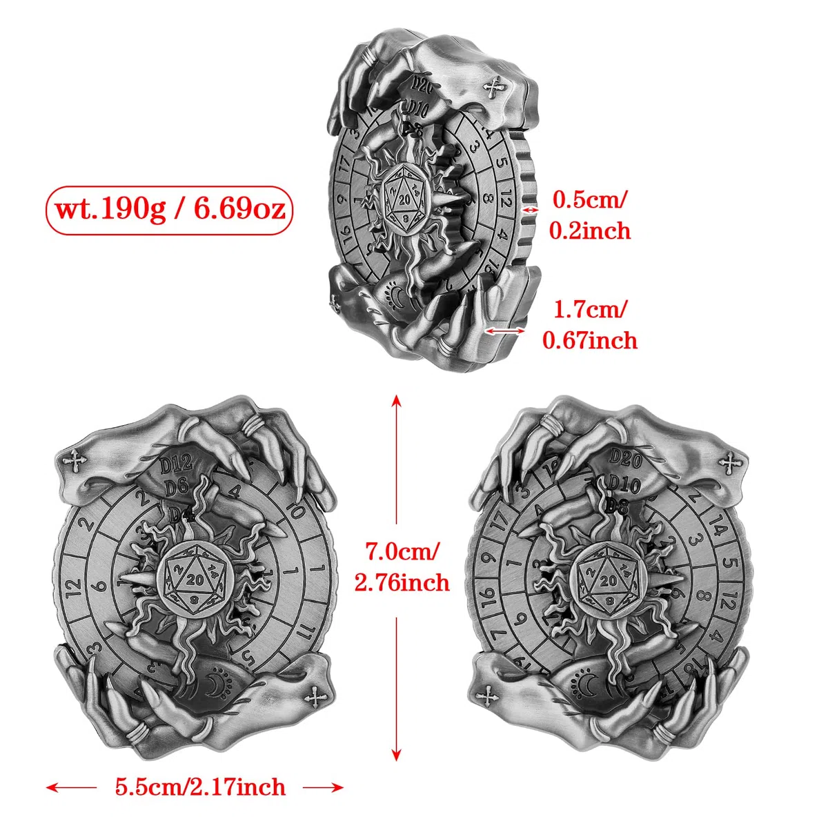 Mano Magica DND Ruota Dadi Spinner, 7-in-1 Metallici Spinner di Dadi, Roulette Mano Magica, Regali D&D, Sacchetto Regalo con Logo Drago, Giochi di Ruolo, Accessori per Giochi da Tavolo, Argento Scuro