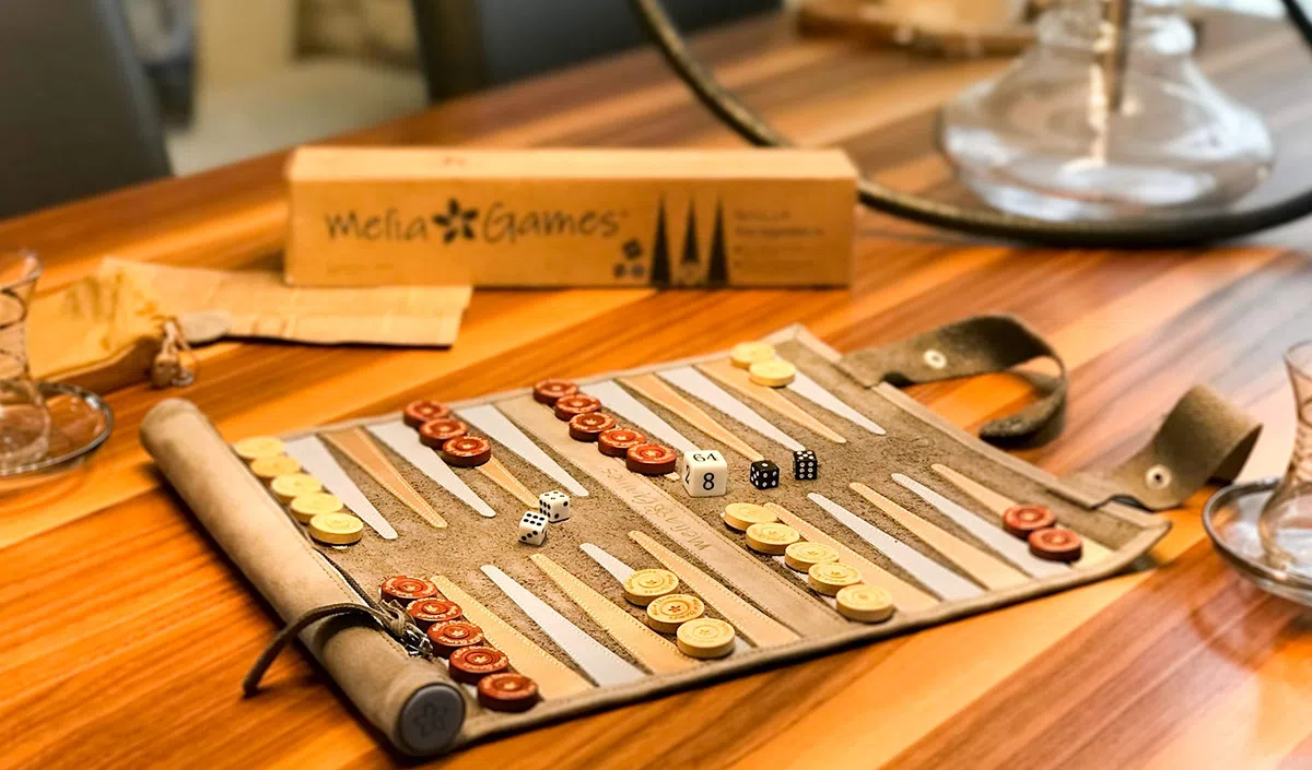 MELIA Outlet Backgammon in pelle per rotolare – Backgammon da viaggio in vera pelle con pietre da gioco in legno – Lusso Backgammon – Premium Roll-Up Backgammon – Handmade in Europe – Grigio