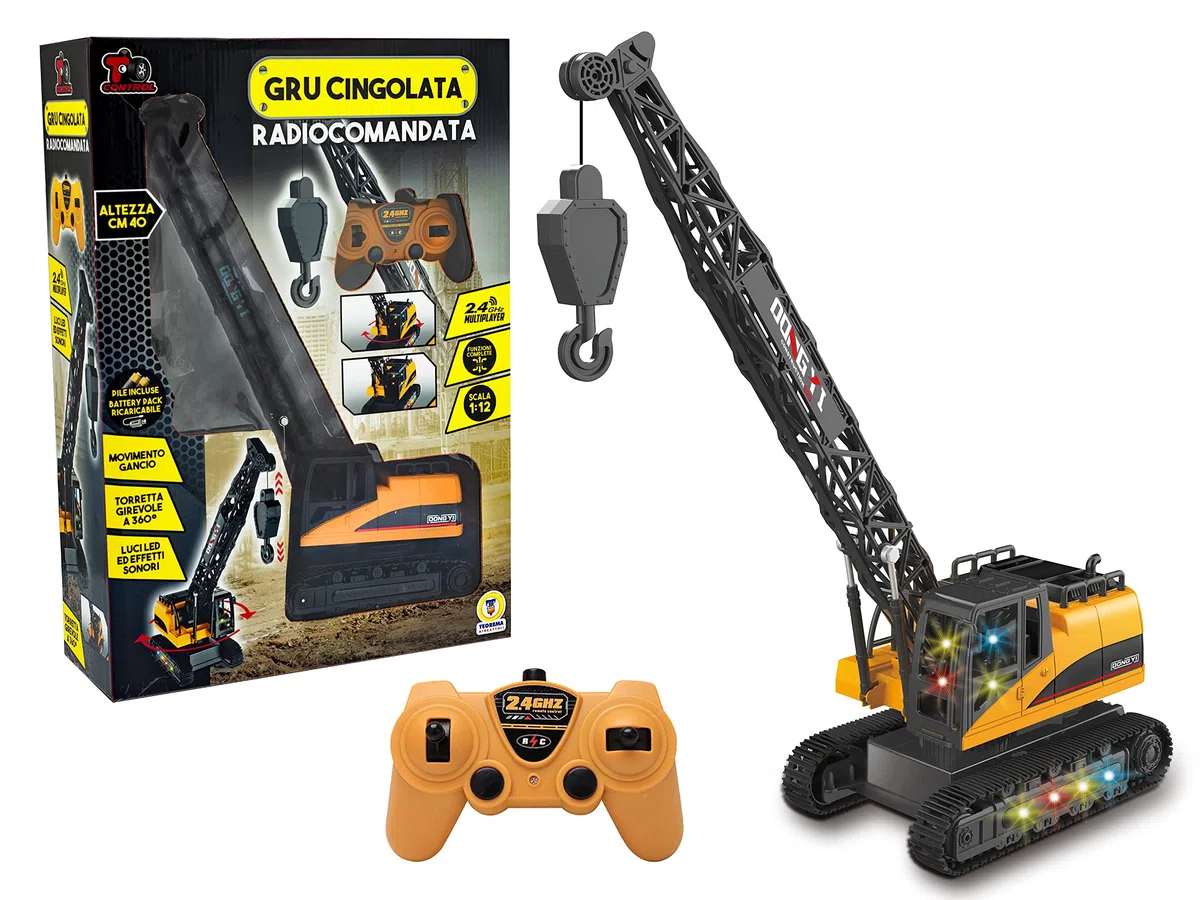 Teorema Giocattoli, Gru Cingolata Radiocomandata Scala 1:12, Gru Giocattolo per Bambini Alta 40cm con Luci e Suoni Realistici, Telecomando 2.4GHz Multiplayer, Batteria Ricaricabile Inclusa