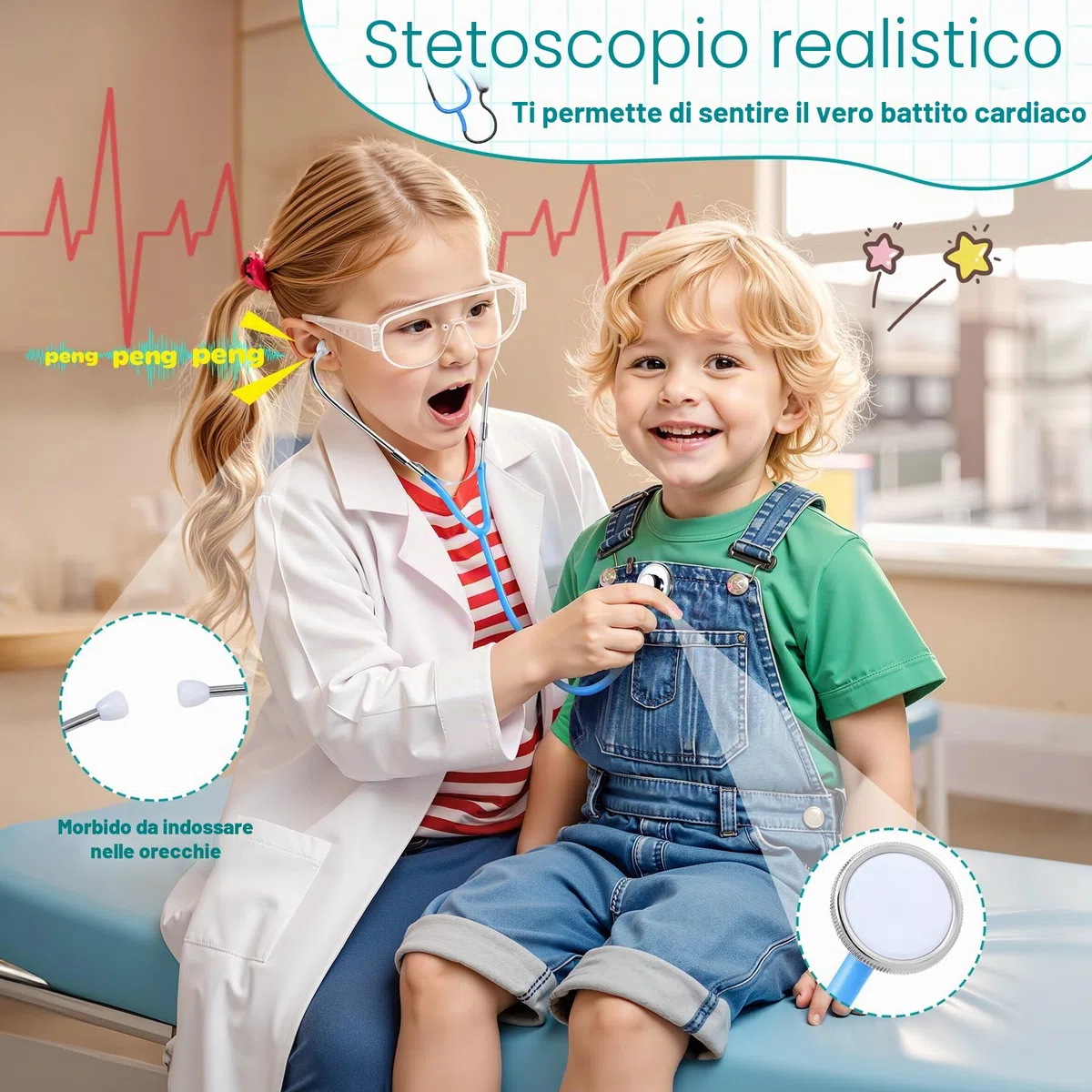 Valigetta Dottore Bambini con Vero Stetoscopio e Camice - 32 Pezzi Gioco di Ruolo Educativo per Bambini 3 4 5 6 7 8 9 10 Anni Regalo Perfetto