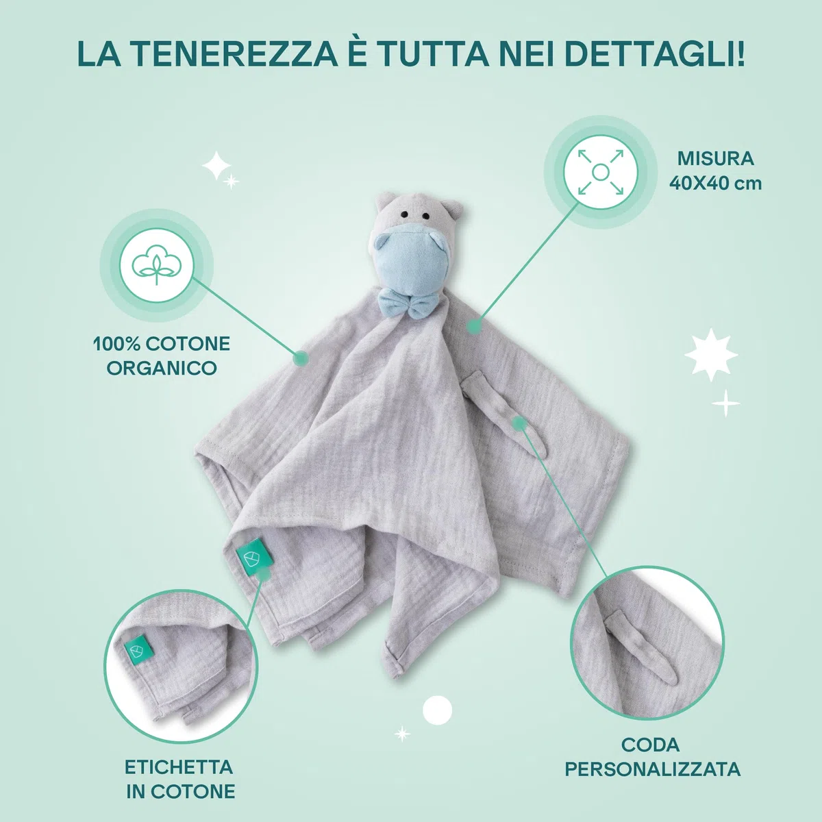 KOALA BABYCARE Doudou Bambino o Ragazza in Chiffon Bio 40x40 cm - Peluche morbida e sicura - Doudou piatto Volpe, Koala, Giraffa o Ippopotamo - per Neonati e 0+ mesi