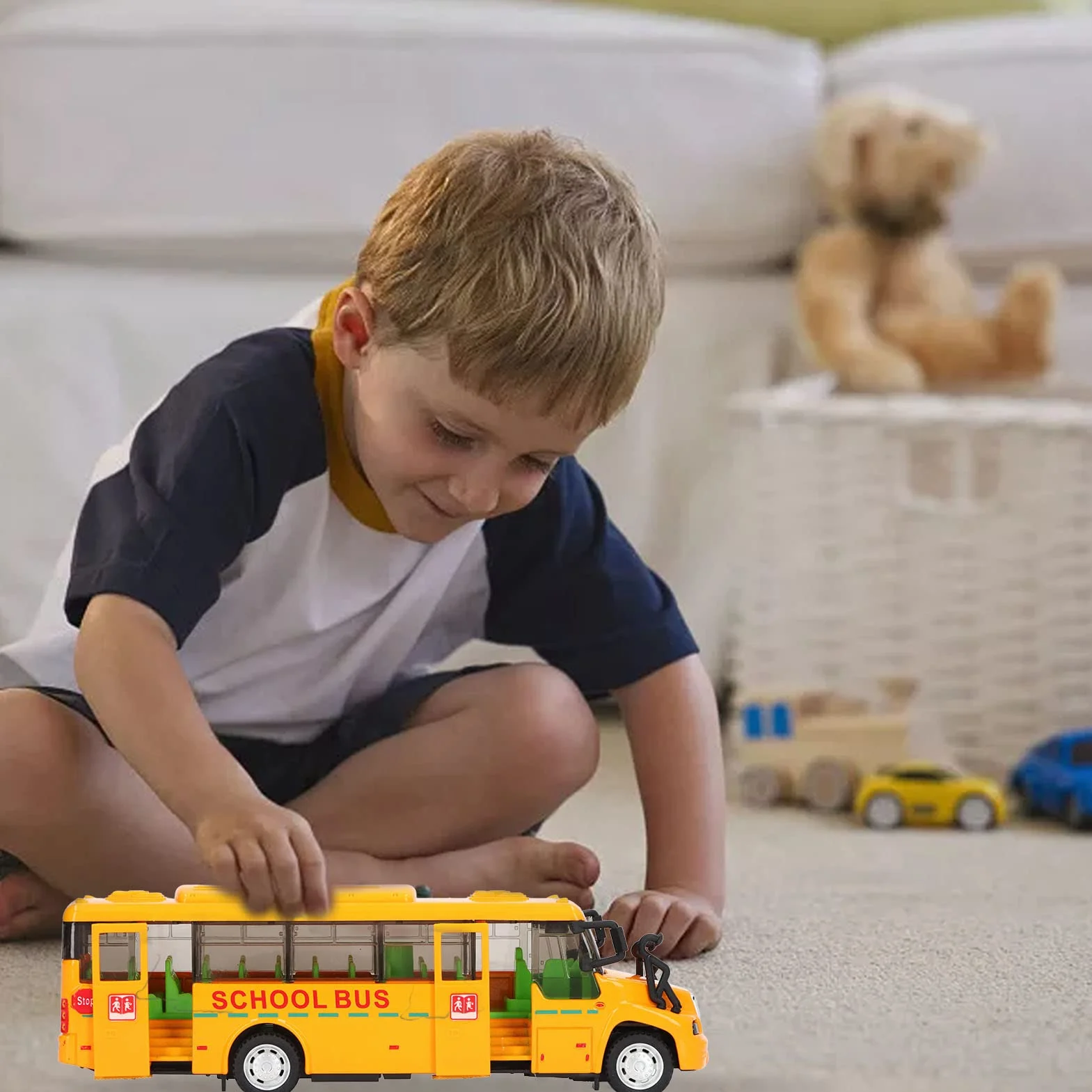 Modello di Autobus Scuola Giallo in Lega Pressofuso Porta Aperta 1:32, Veicolo Giocattolo con Luci e Suoni