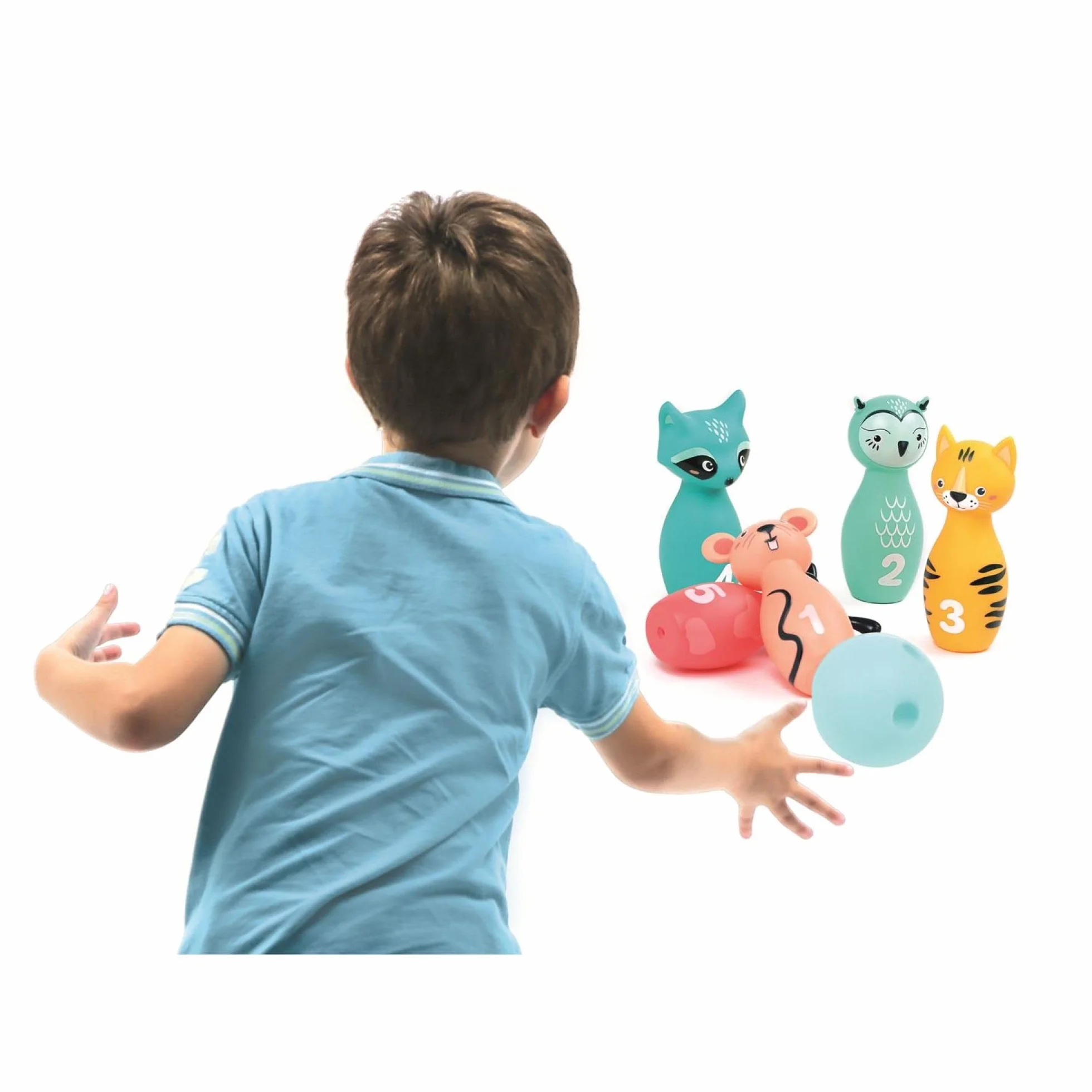 Ludi - Set di Birilli Morbidi per Neonati - dai 10 Mesi - 5 chiglie Animali Facili da Prendere in Mano + Sfera ergonomica - destrezza, Mira e coordinamento - Silenzioso e Leggero - 100% PVC, Lavabile