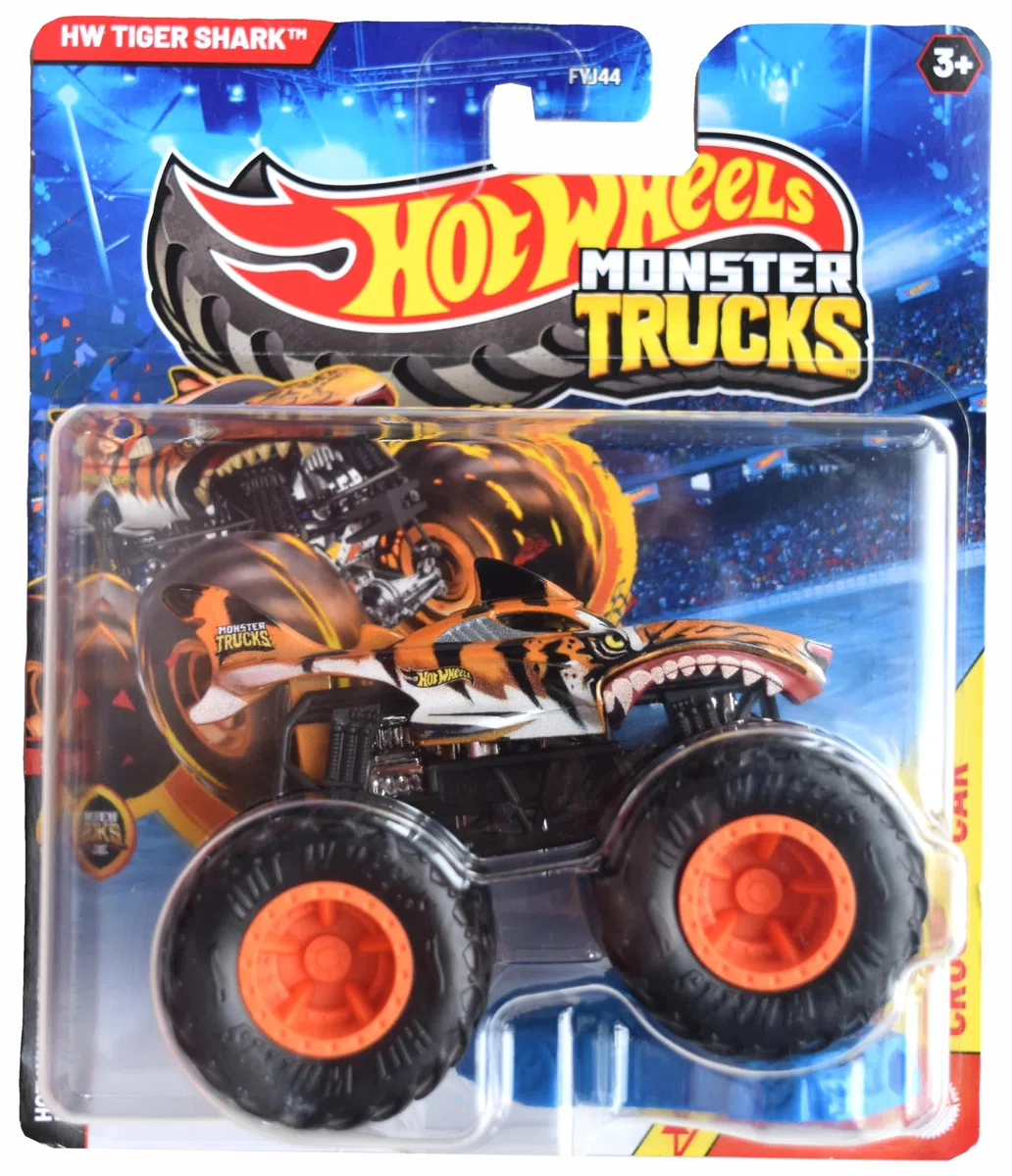 Hot Wheels Monster Trucks Tiger Shark, Include auto distrutta in scala 1:64 pressofuso