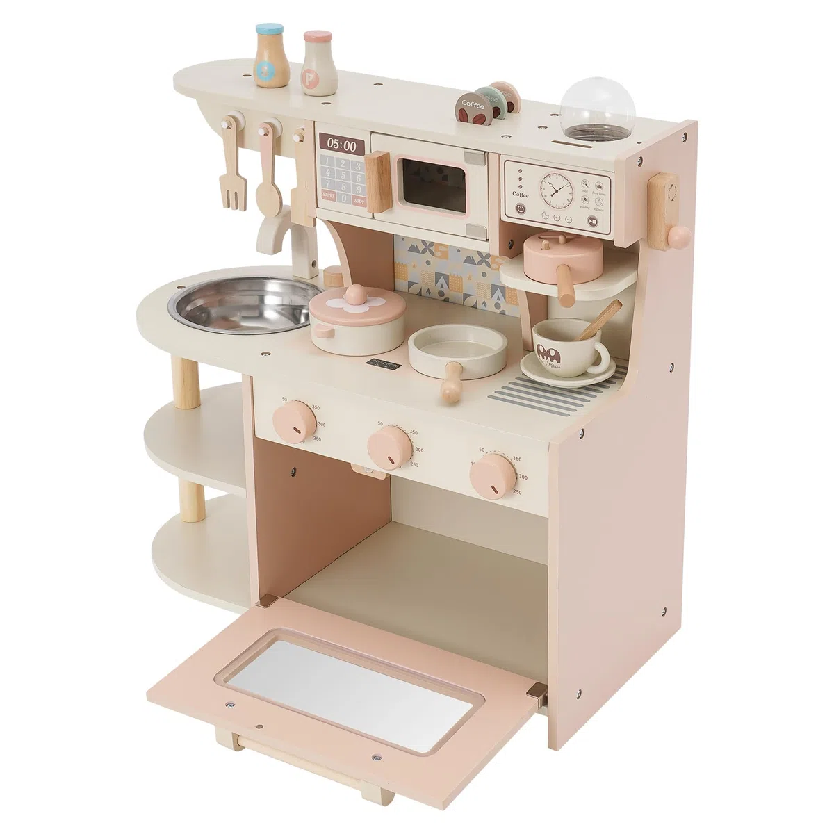 Cucina giocattolo in legno per bambini, con fornello e macchina da caffè, giocattolo in legno non tossico, set compatto da cucina per bambini giochi di ruolo a casa