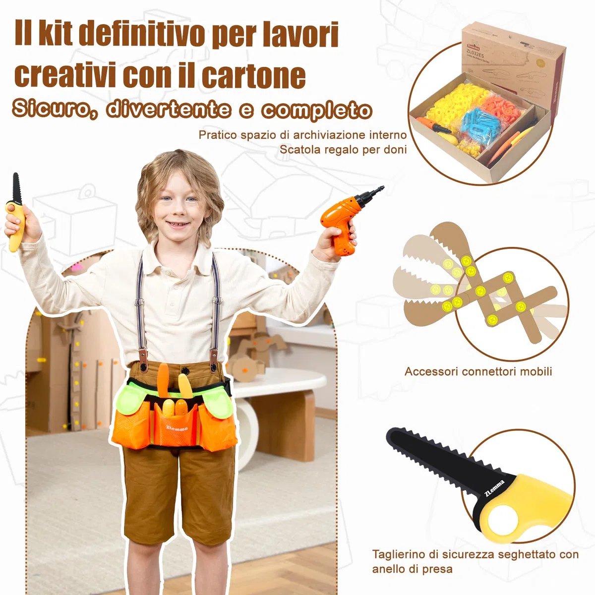 Kit di Costruzione in Cartone – 401 Pezzi, Set per Bambini con taglierino Dentellato Sicuro, Rullo per Piegatura, Viti e Dadi, Gioco STEM per progetti Fai-da-Te