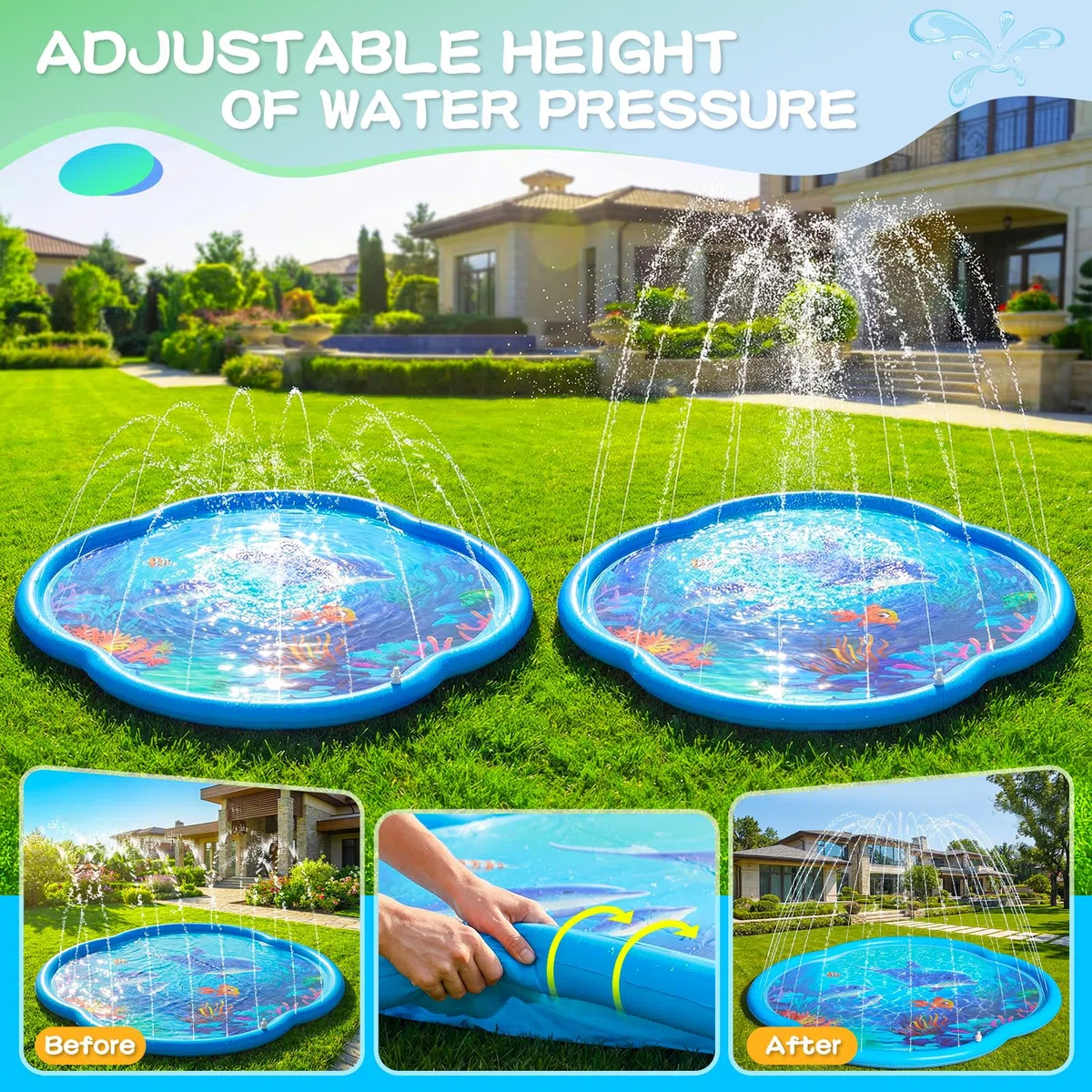 ChlorBlu Splash Pad, Irrigatore per Bambini e Cani, 186CM Piscina Gonfiabile Rotonda Sea World per Bambini, Tappetino da Gioco Acquatico Rinforzato per Esterni, Irrigatore Gonfiabile da Giardino