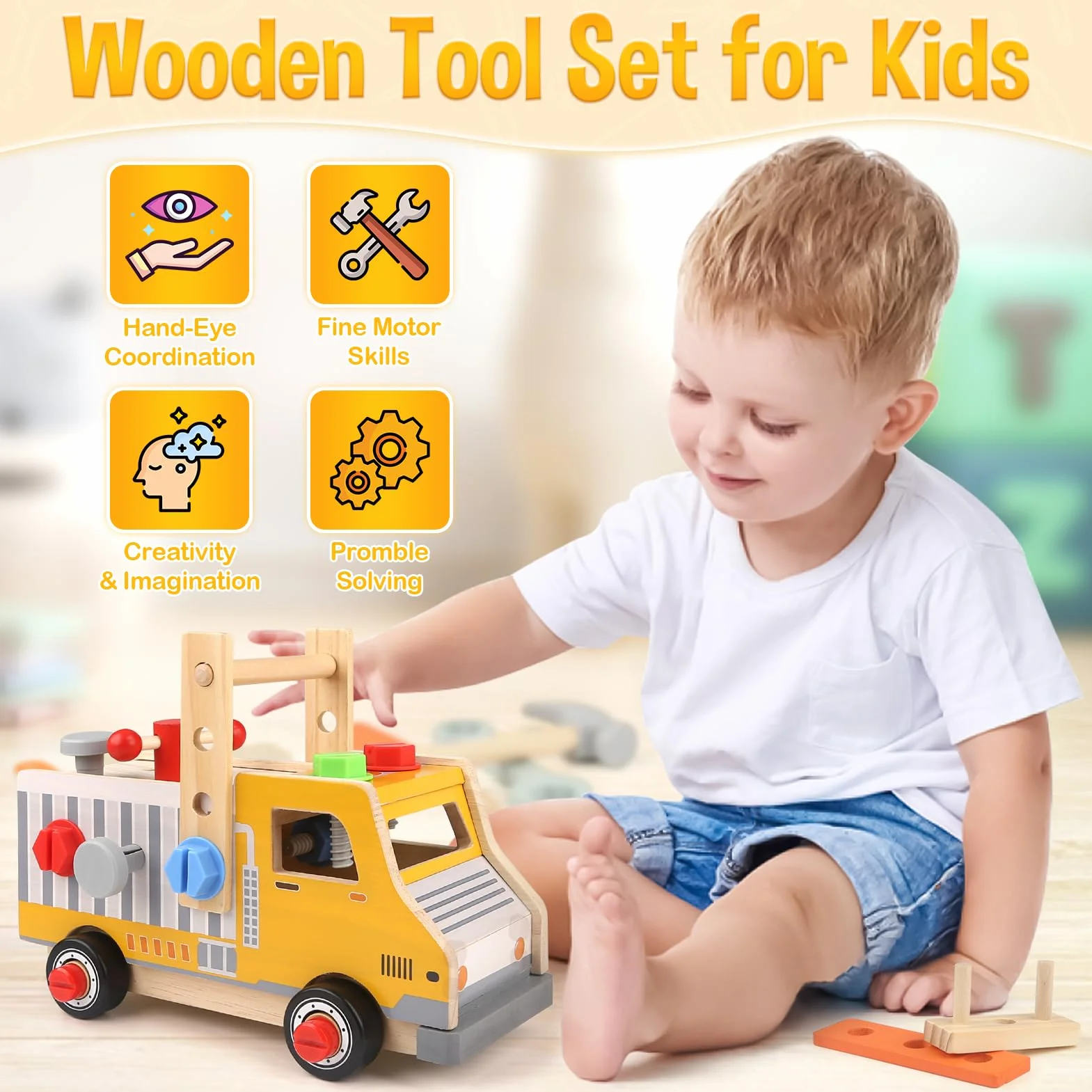 DINORUN Attrezzi Giocattolo in Legno, Montessori 3 Anni, Camion Cassetta Attrezzi, Regalo per Bambini 3-6 Anni, 47 Pezzi