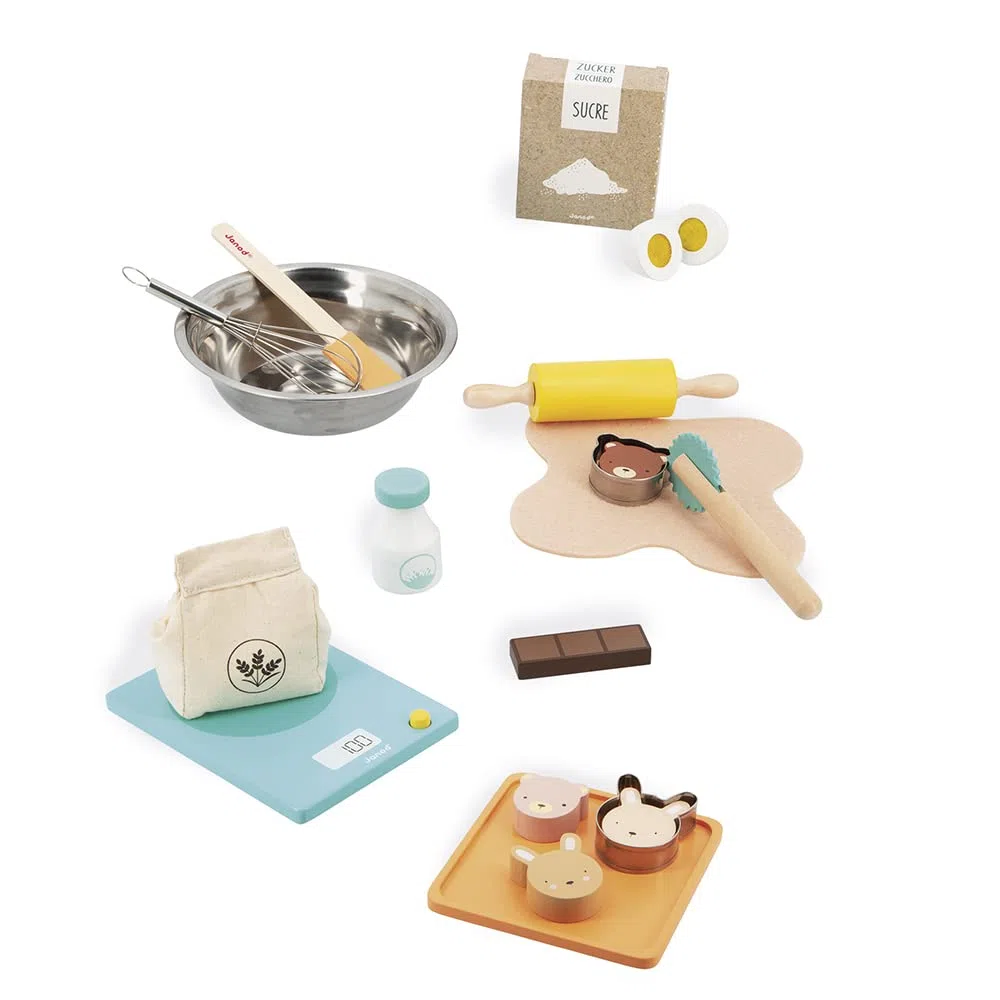 Janod Il Mio Set da Pasticcere, Giocattolo di Imitazione Cucina e Ristorante, 19 Accessori in Legno e Feltro, Certificato FSC, Vernice ad Acqua, dai 3 Anni, J06618