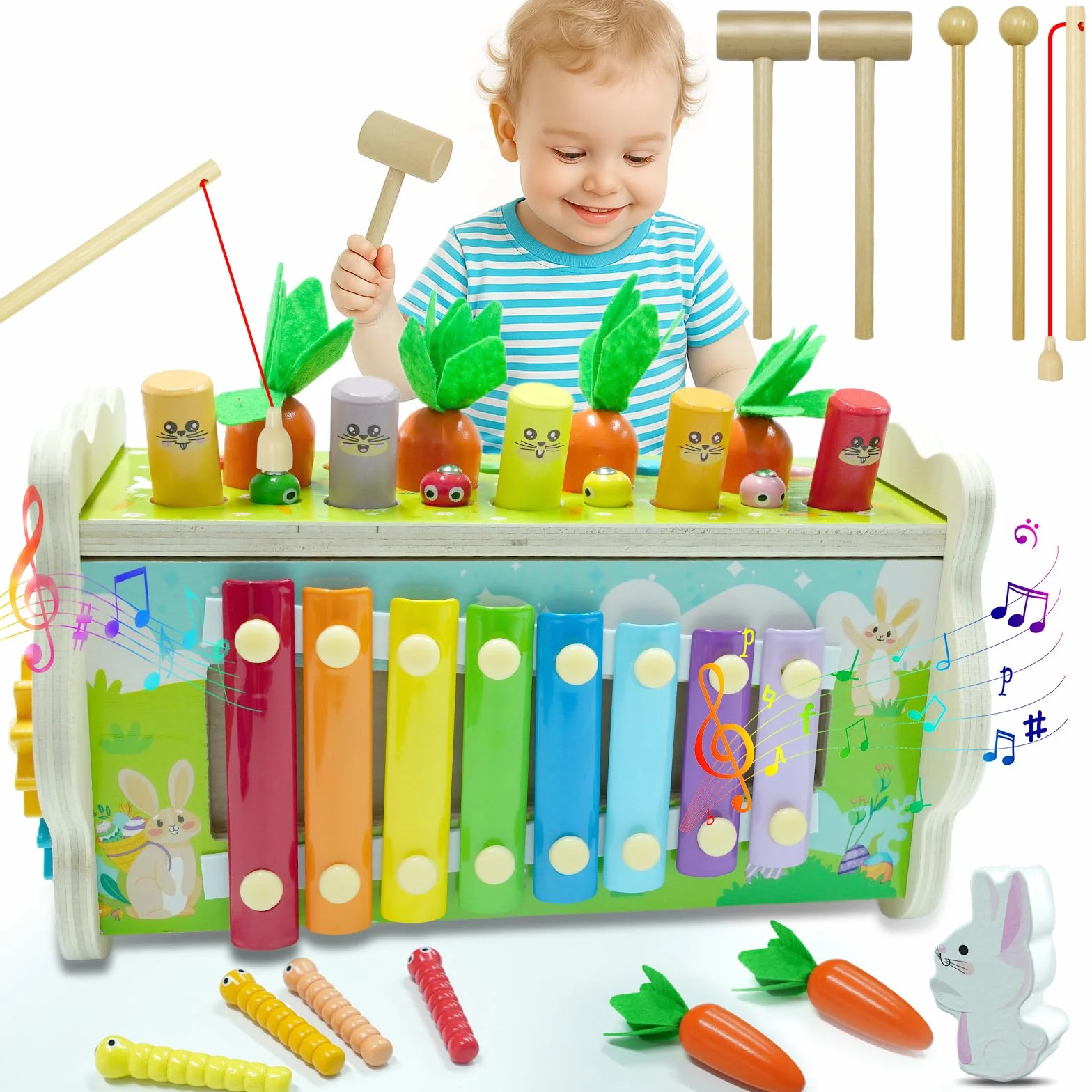 YM E-Bright Montessori giocattolo a partire da 1 anno, 8 in 1, giocattolo in legno con xilofono, gioco di pesca magnetico per bambini a partire da 1 2 3 anni, regalo per ragazze e ragazzi
