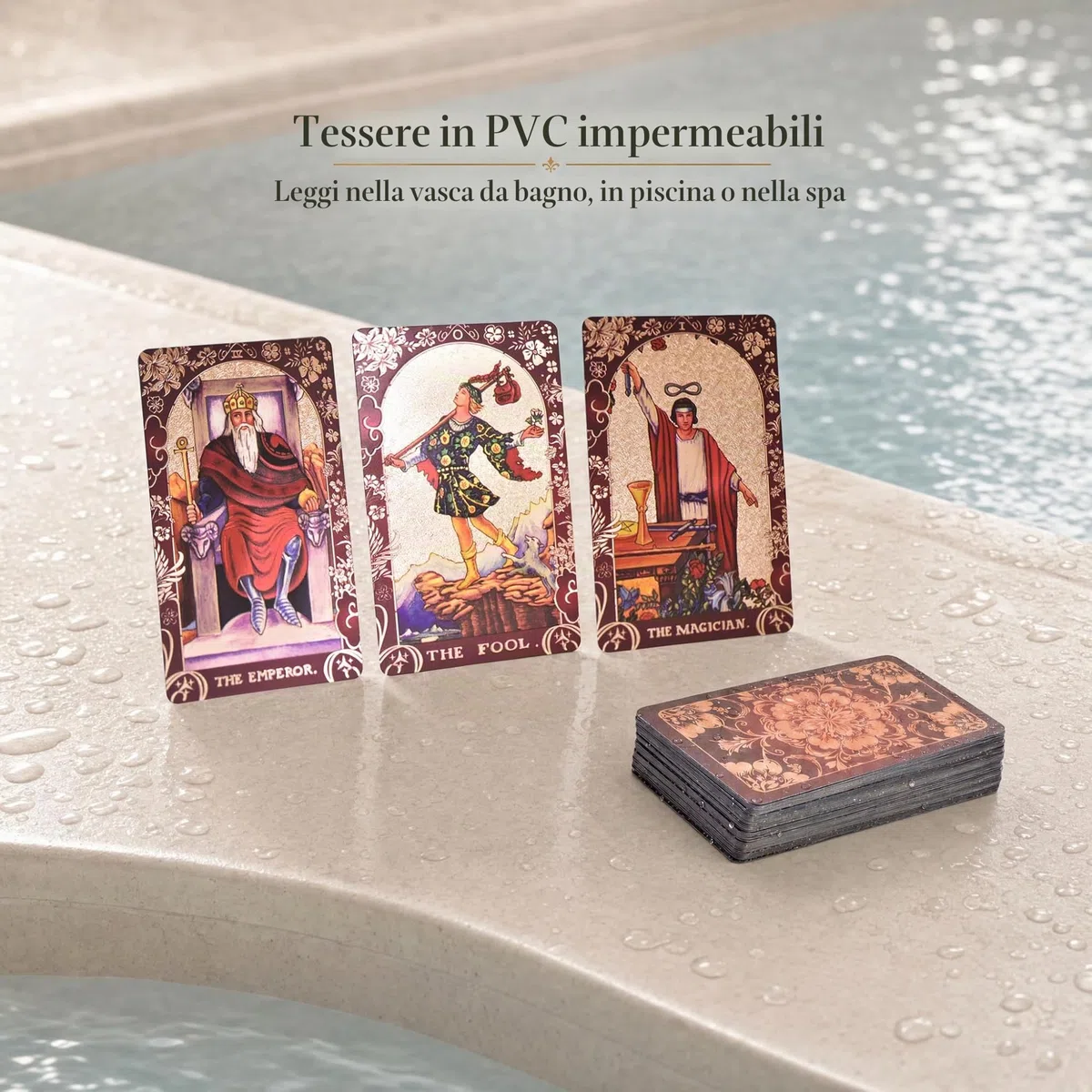 Tarocchi Inglesi Rosso Vino in Lamina d’Oro, 78 Carte + 2 Carte Bonus, Mazzo Tarot Impermeabile in PVC con Guida Illustrata da 36 Pagine
