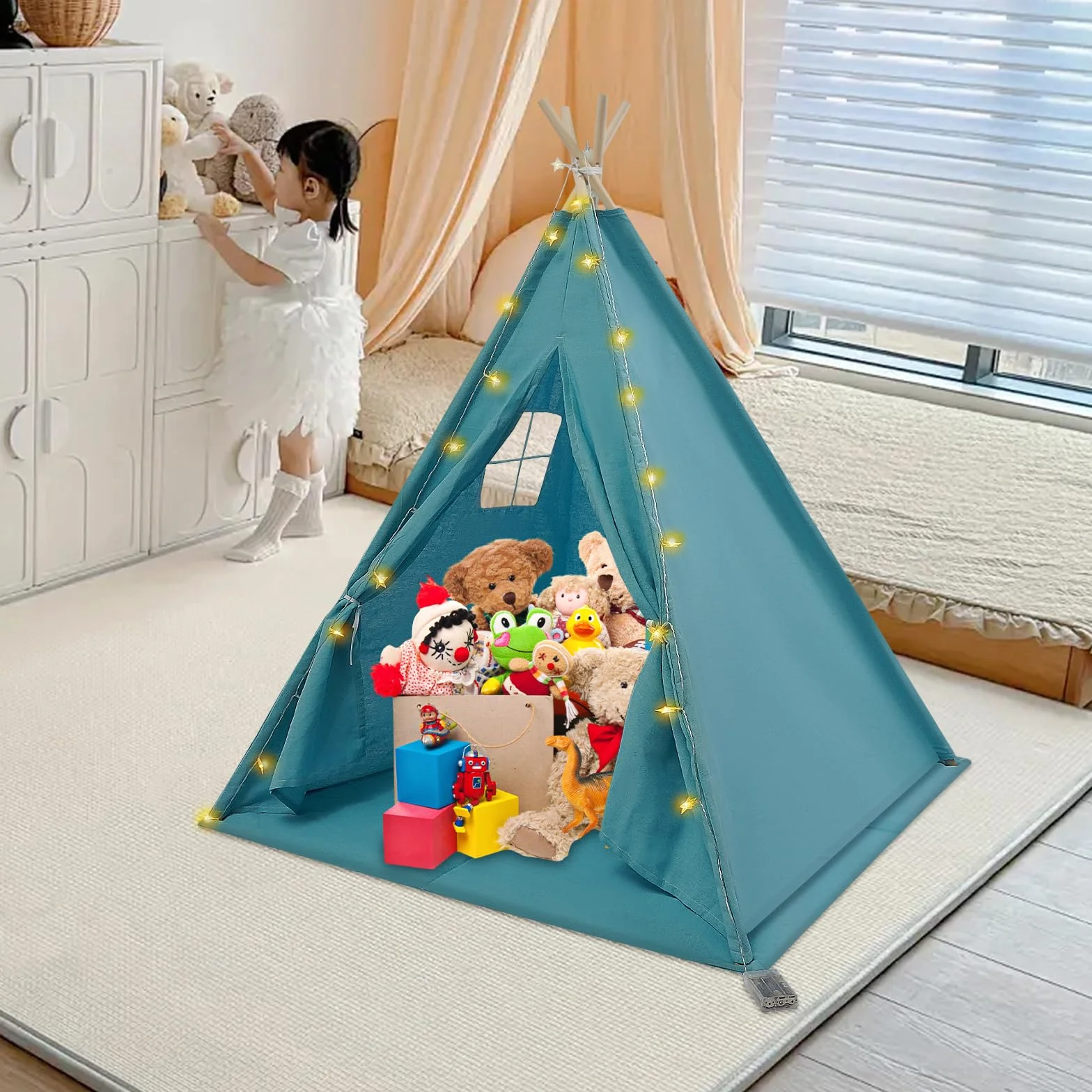 Tenda per Bambini 120x120x140cm con Luce, Tipi per Ragazzo 1,6m in Cotone Lino per Camera, Giardino, Spiaggia, Casetta da Gioco per Interno ed Esterno con Tappeto, Ghirlanda 3m