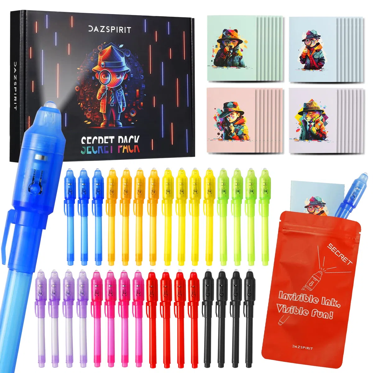 DazSpirit 32pcs Penna Inchiostro Invisibile e Taccuino, Tema Investigativo Penna Invisibile con Luce Gadget Compleanno Bambini, Penne Invisibili per Scrivere Messaggi Segreti (DB0002)