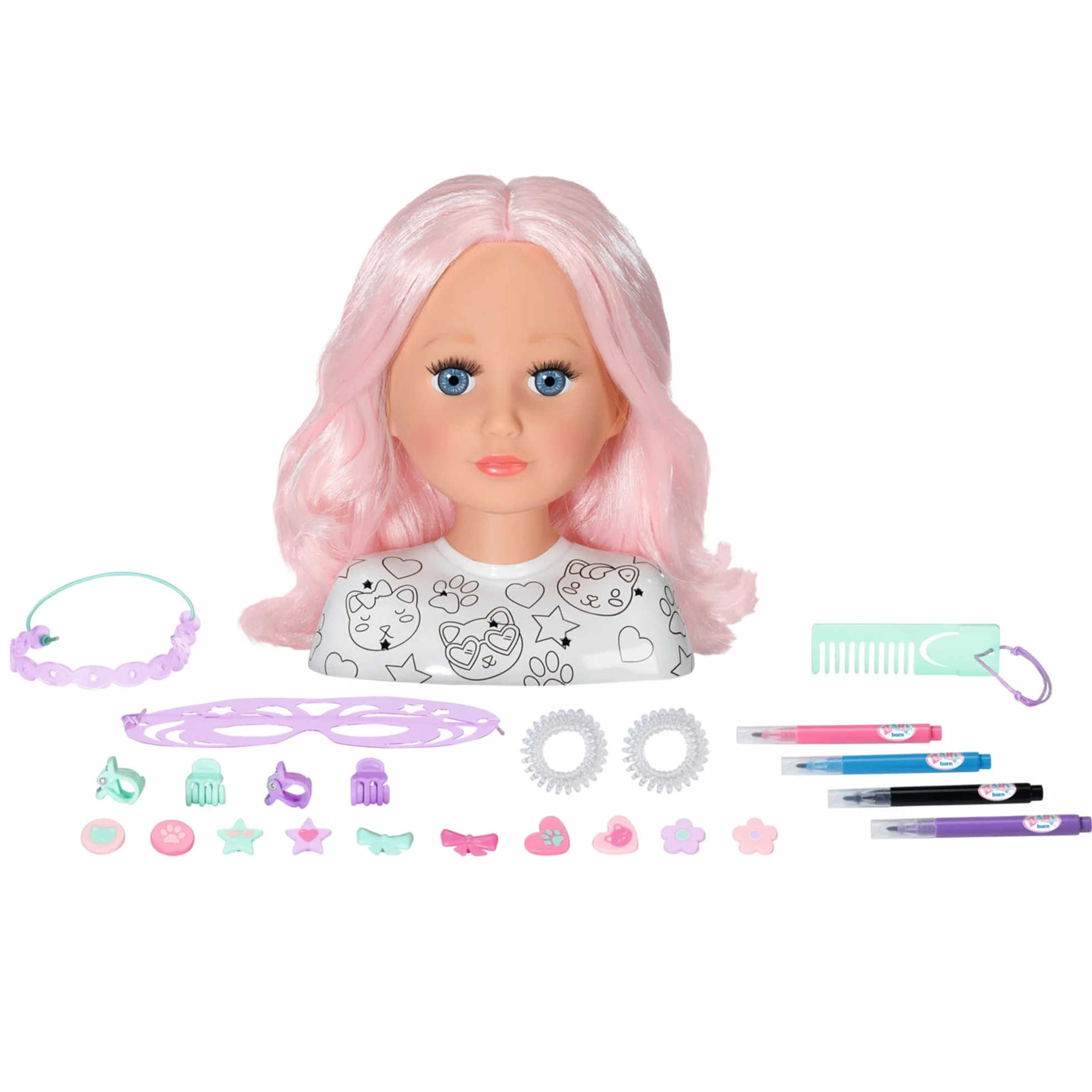 BABY born Testa Creative – Con capelli rosa, pennarelli e oltre 20 accessori - Testa da truccare e pettinare - Dai 3 anni in su
