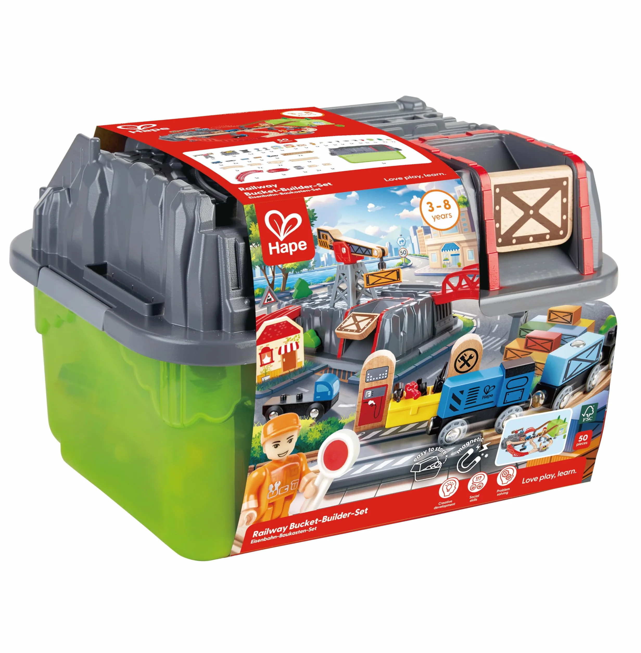 Hape Set costruzioni ferroviarie da 50 pezzi | Con trenini, gru magnetica e passaggio a livello | Giocattolo per bambini dai 3 anni