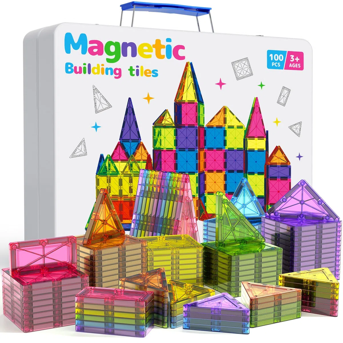 Tessere magnetiche, 100 pezzi di grandi blocchi magnetici con scatola metallica per bambini e bambine dai 3 ai 12 anni Giocattoli educativi STEM Regali di compleanno e Natale