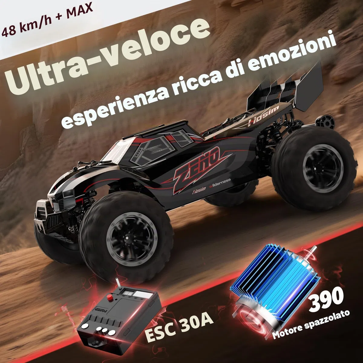 Hosim 1:10 Auto telecomandata per adulti, Buggy RC 4WD ad alta velocità 48 + KM/H con 2 batterie 7,4 V 1500 mAh, auto elettrica RC grande camion RC fuoristrada 2,4 GHz impermeabile