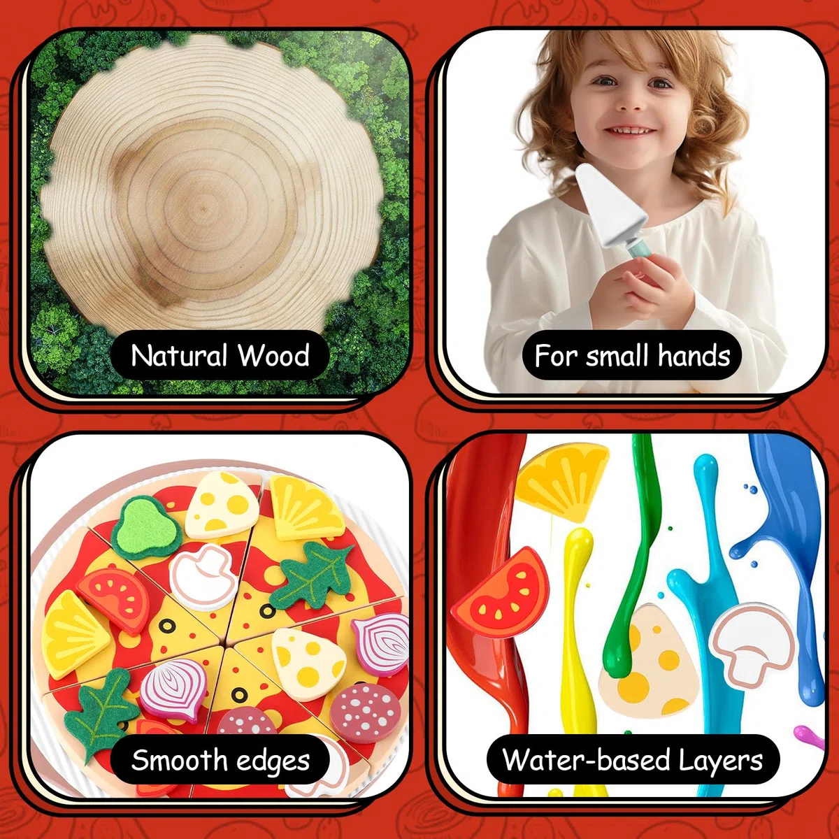 GAGAKU Set per pizza in legno - 27 pezzi Accessori da cucina per bambini 3-8 Giocattolo da cucina per pizza in legno Gioco di ruolo educativo