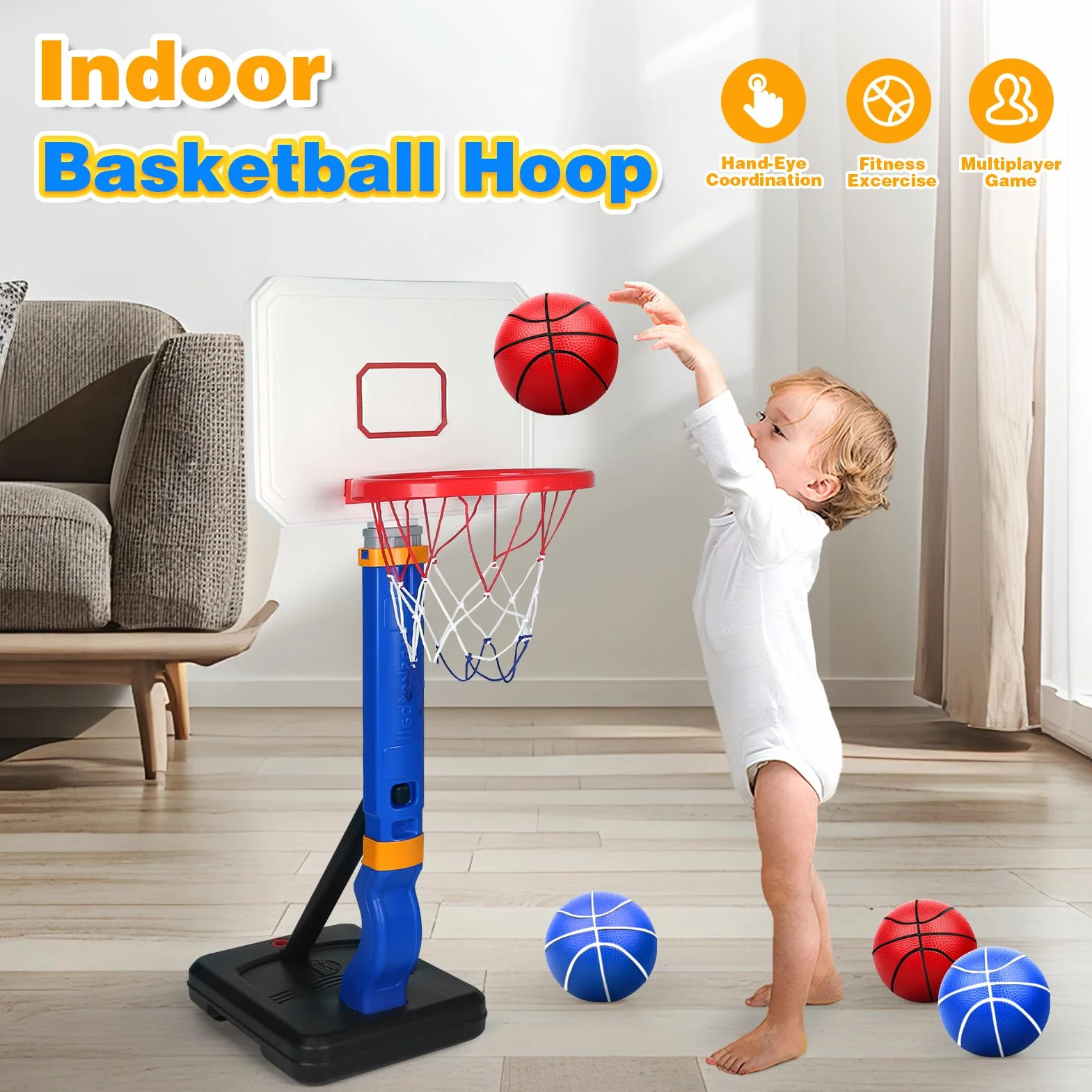 YIMORE Canestro Basket Bambini, Canestro Basket Per Interni Da Esterno Con Supporto, Altezza Regolabile 70-138 CM, Mini Canestro Basket Da Camera Per Giochi Per Bambini Dai 3 Agli 8 Anni