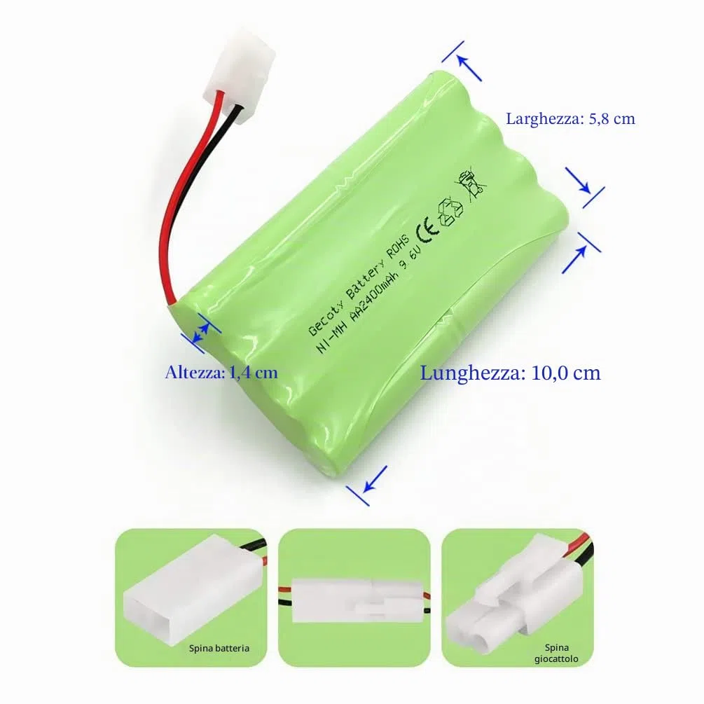 Batteria ricaricabile NiMH da 9,6 V, 2400 mAh, batteria AA con connettore KET 2P e cavo di ricarica, per camion, serbatoi e corazzate radiocomandate