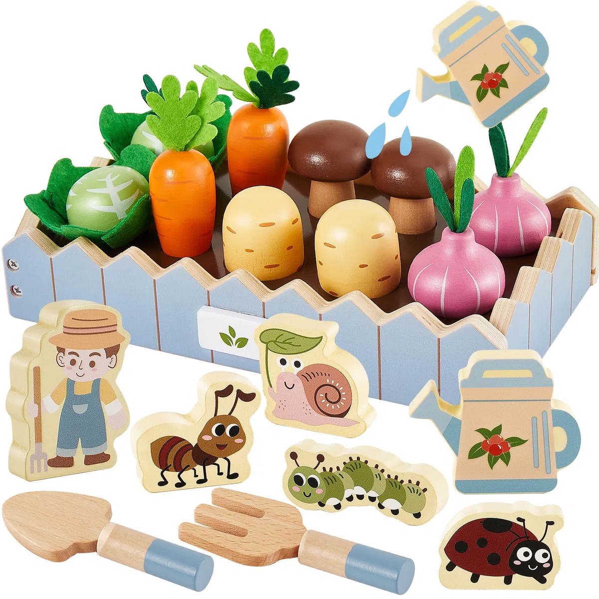 HERSITY Giochi in Legno per Bambini, Fattoria Giocattolo con Verdure Insetto, Gioco di Finzione Regalo Bambino Bambina per 2 3 Anni (Blu)