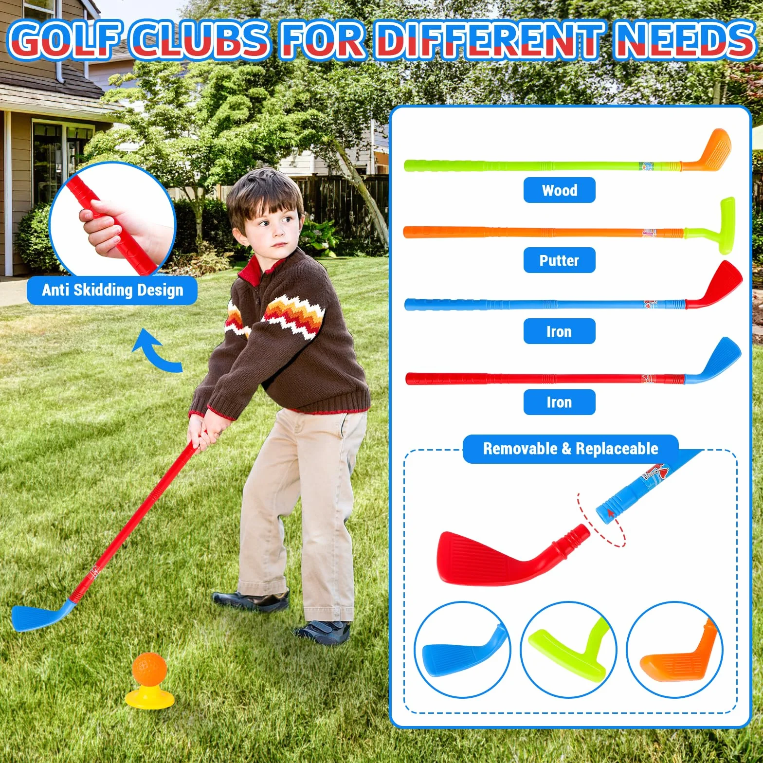 deAO Golf Set Giocattoli per Bambini, Tappetino da Golf, 4 Putter 60CM, 6 Palline, Regali di Compleanno per Ragazzi e Ragazze Blu