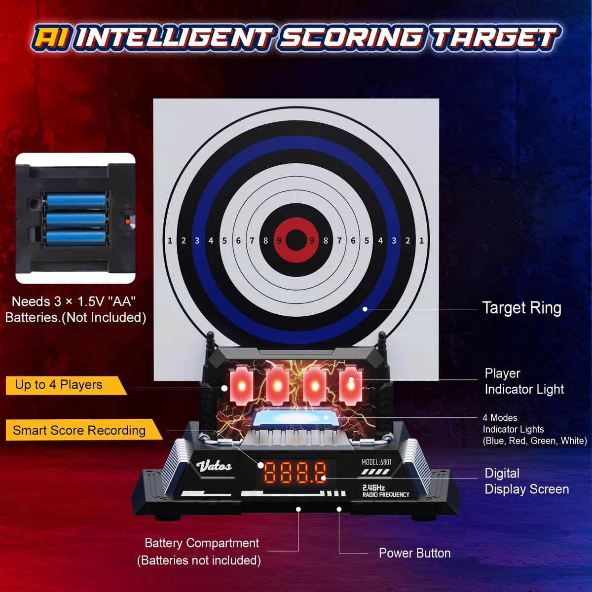 VATOS Set Gioco di Tiro Elettronico Intelligente con Base Bersaglio Punteggio Automatico e Pistola Laser Ricaricabile, Feedback Vocale in Tempo Reale, Giocattolo Interno/Esterno per Adolescenti