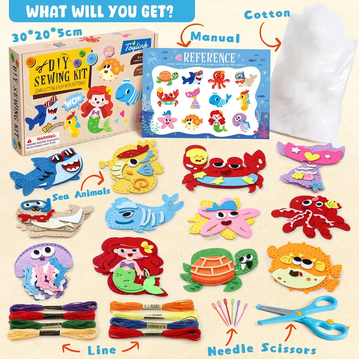 Toylink Kit Cucito in Fieltro per Bambini, Kit Lavoretti Creativi per Bambini con 12 Feltro & Fili da Ricamo & Aghi di Plastica, Fai Da Te Regalo Bambina Bambino 6 7 8 9 Anni