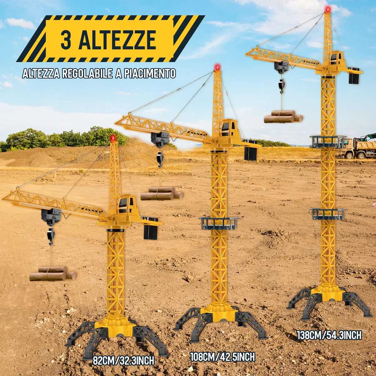 JONRRYIN Gru a Torre Telecomandata Alto 138 cm, 6 Canali 2,4 Hz RC Gru a Torre, Giocattolo da Costruzione Radiocomandata a 680° Rotazione con Luci per Bambini (Giallo)