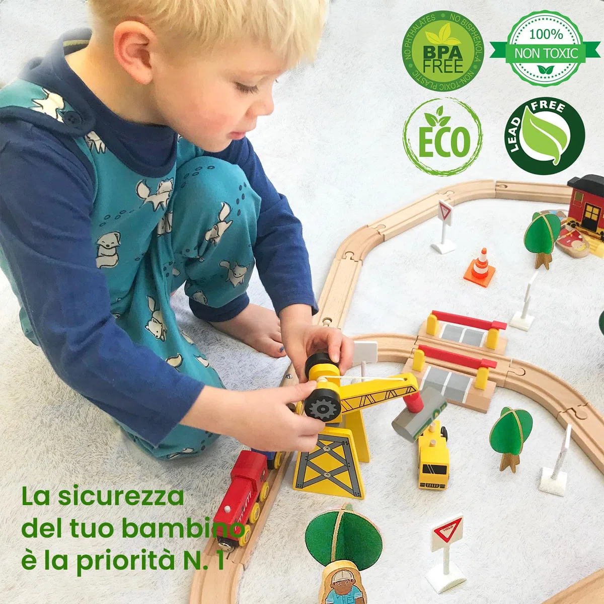 Tiny Land Set di 55 pezzi per gru e treni esclusivi, compatible con tutte le principali marche di treni in legno