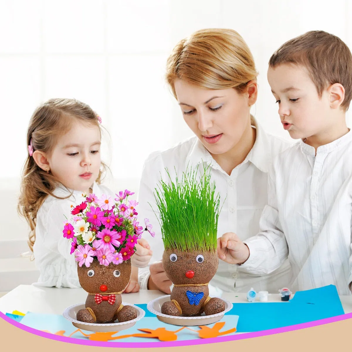 Testa di erba per bambole, testa di erba, testa di erba, pianta per bambini, mini bonsai erba, testa di fiori, testa di erba, bonsai con vassoio piante in vaso per camera da letto