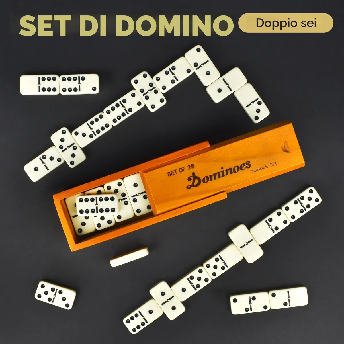 Queensell Juegos de Mesa - Domino per adulti, giochi da tavolo classici, doppio 6 domino per famiglie per bambini e adulti, set di 28 tessere standard con custodia in legno