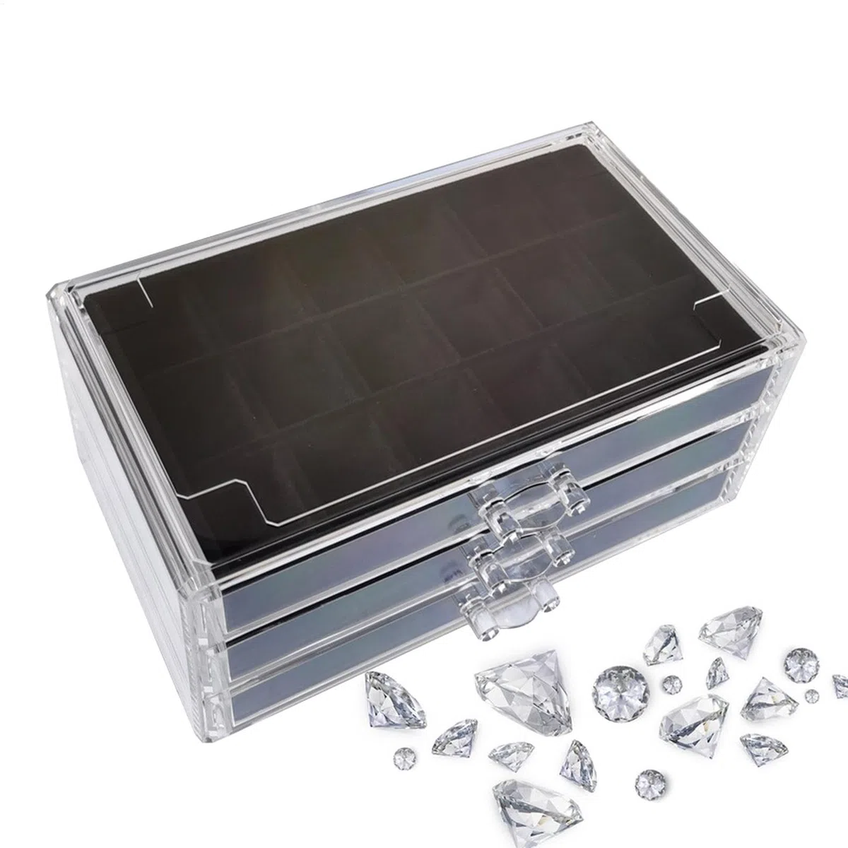 Vetrina con pietre preziose, 54 scomparti, 3 cassetti, scatola da collezione Rock in pietra acrilica trasparente, scatola per gioielli, contenitore per bambini, organizer per, 15,5 x 23,7 x