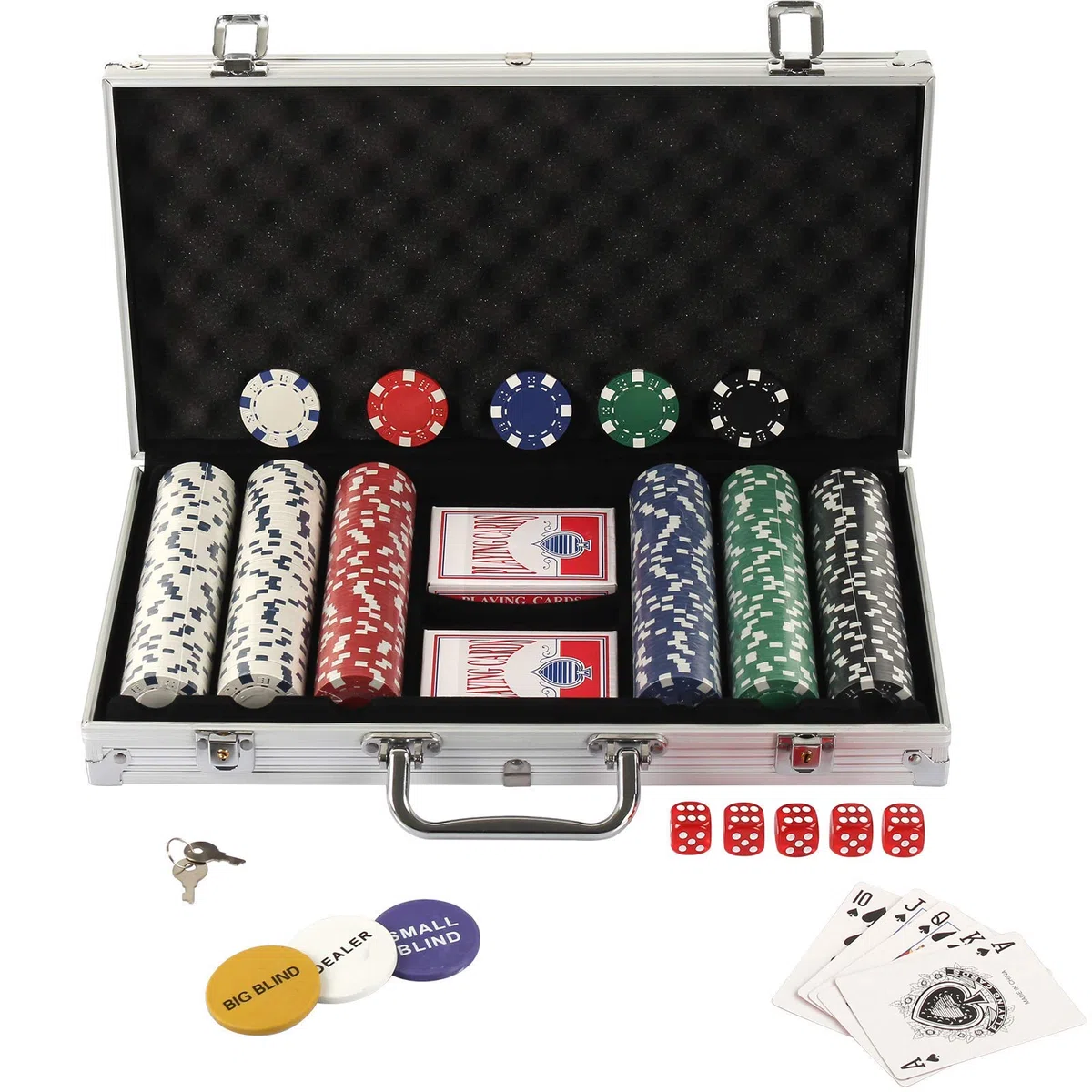 display4top Super set da poker - 300 chip laser da 12 grammi con centro in metallo, 2 mazzi di carte, mazziere, piccoli ciechi, Grandi pulsanti ciechi e 5 dadi
