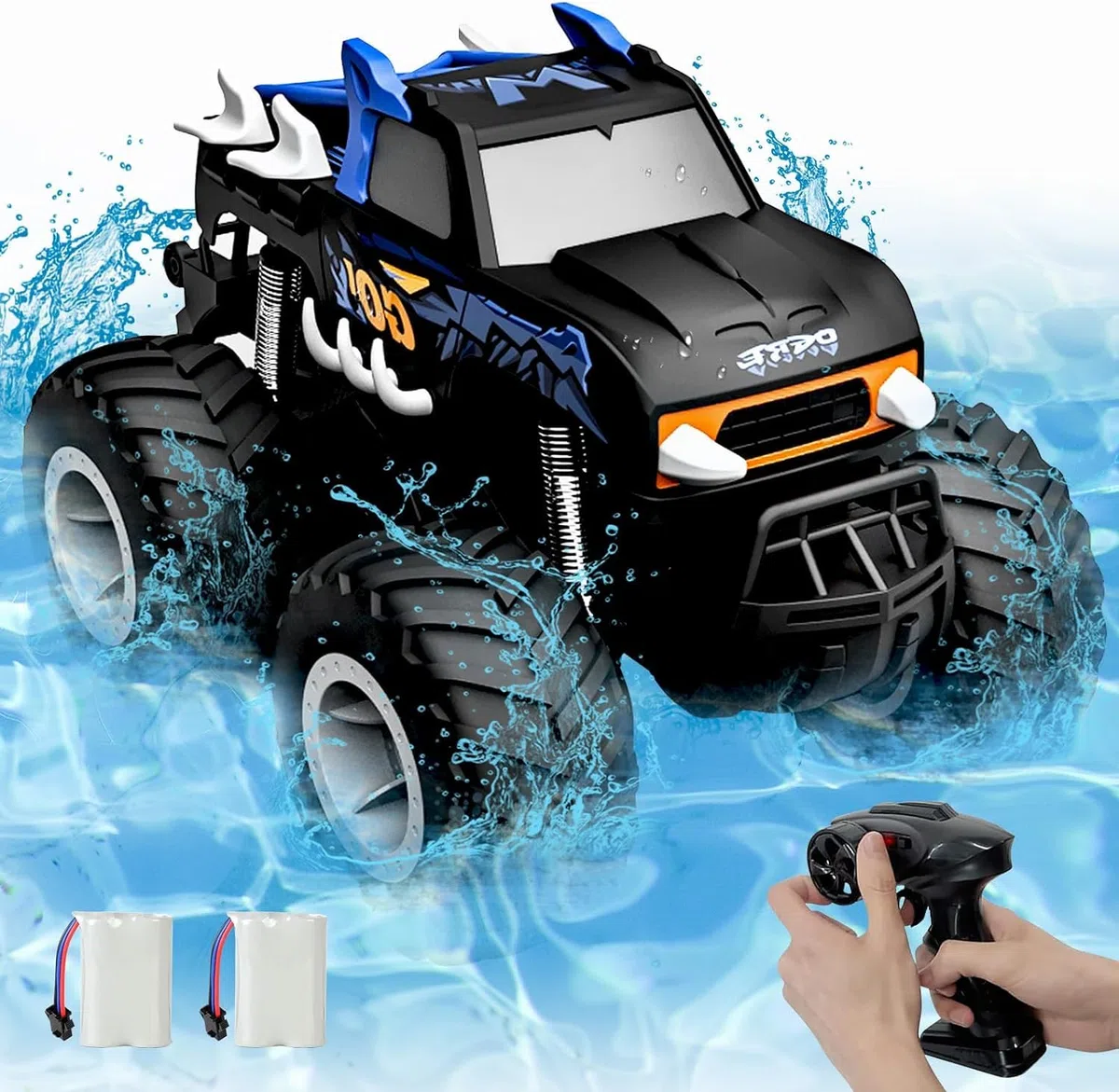 Macchina Telecomandata Bambini Monster Truck Anfibio Telecomandato 1:16 4WD Off-Road Auto RC 2,4 GHz Monster Truck Radiocomandato con due batterie Regalo di per Ragazzi Ragazze 4 5 6 7 8 anni