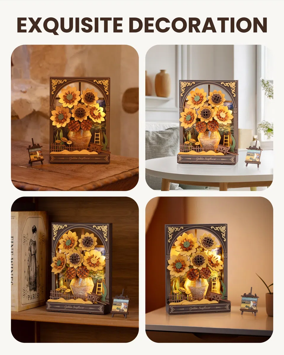 ROWOOD Puzzle 3D in legno per adulti e bambini con luce LED, kit modello floreale, decorazione da tavolo o da parete, regalo creativo per donne e uomini TH002 Girasole
