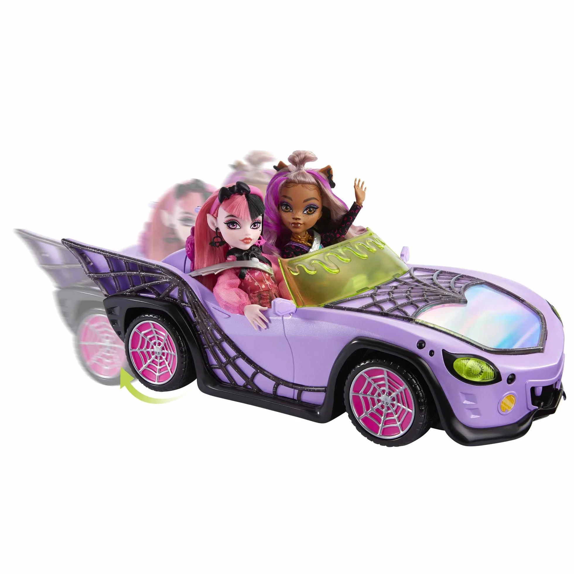 Monster High - Mostromobile, macchina giocattolo con animale, accessorio e ghiacciaia portatile, cabrio viola con dettagli a ragnatela, Giocattolo per Bambini 4+ Anni, HHK63