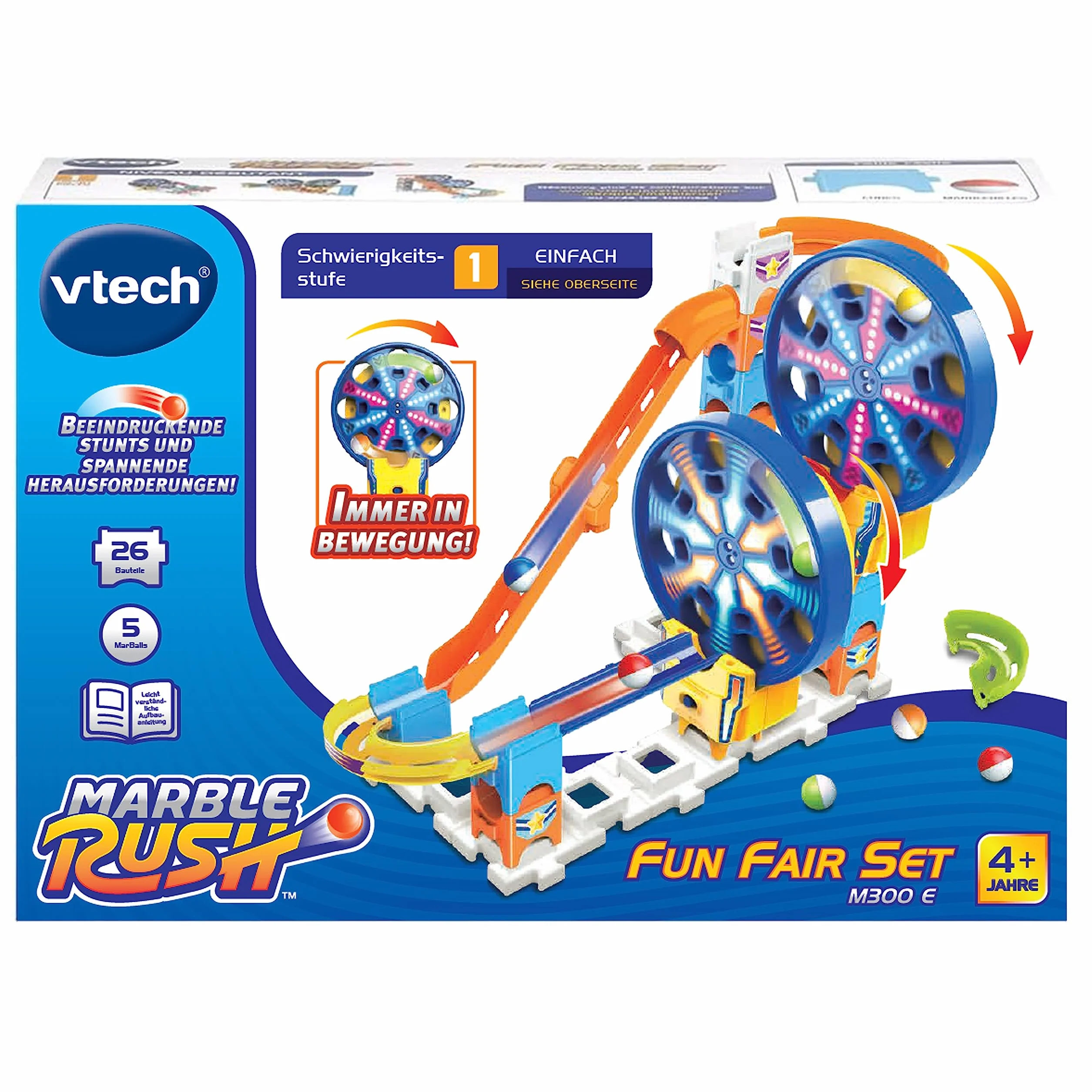 VTech Marble Rush - Fun Fair Set M300 E - Pista per biglie interattiva - 24 componenti, 2 ruote panoramiche motorizzate, 5 MarBalls - 4-12 anni