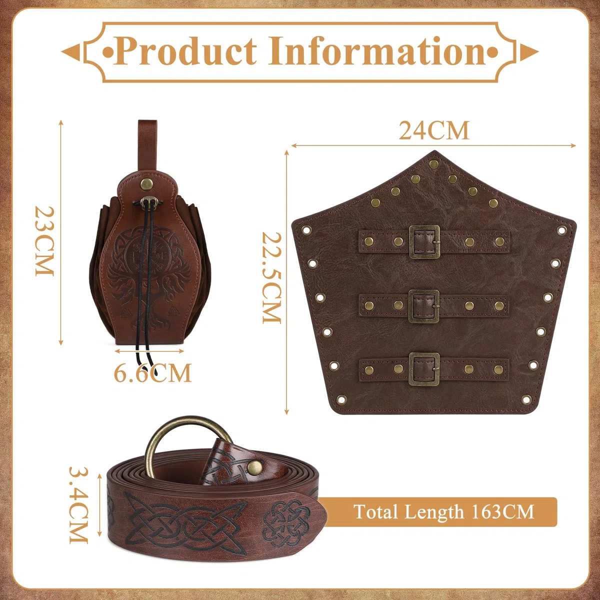 SWAWIS Set di Accessori per Abbigliamento Medievale, Medievale e Borsa da Cintura, Protezione per i Gomiti, Accessori per Costumi Vichinghi per Cosplay Halloween Wizard Witch