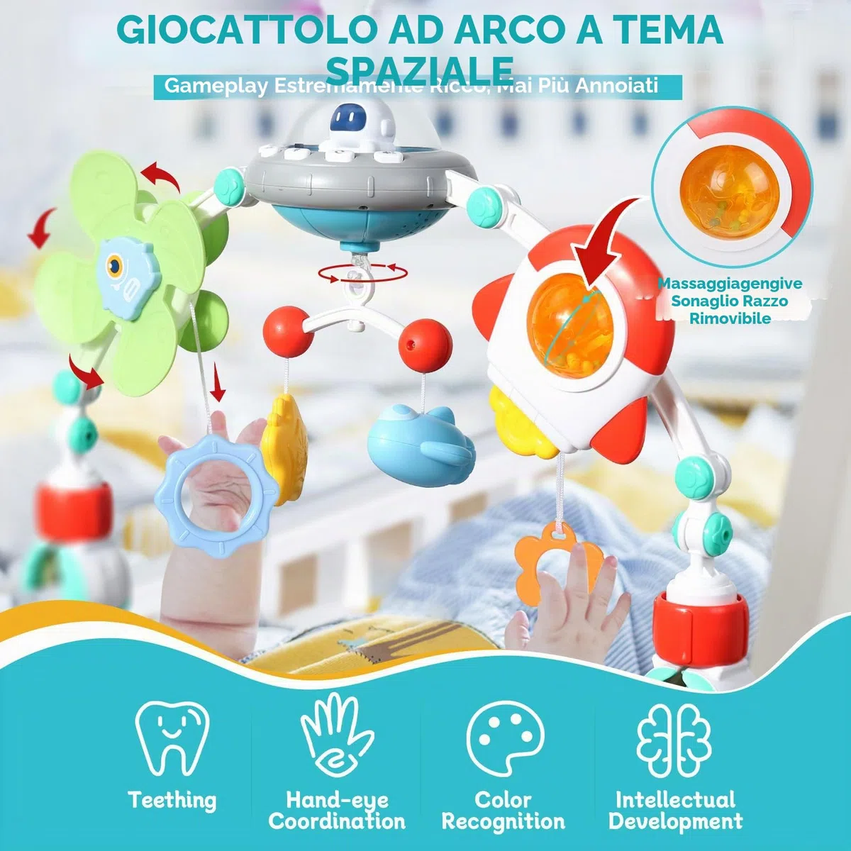 Orzbow Giochi Passeggino Neonati, Giostrina Culla Neonato con Lettore Musicale a Volume Regolabile, Giochi Sensoriali per Neonati per Bambini e Bambine di 3 6 9 12 Mesi con Sonaglio Neonato