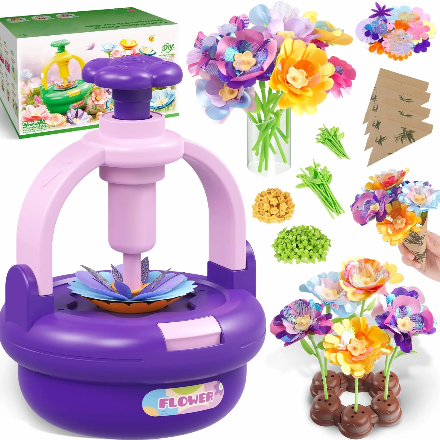 TingingYuli Set di artigianato per bambini dai 4 agli 8 anni, mazzi di fiori di stoffa fai da te, bouquet esclusivi per ragazze dai 3 ai 9 anni e regalo di compleanno (Purple)