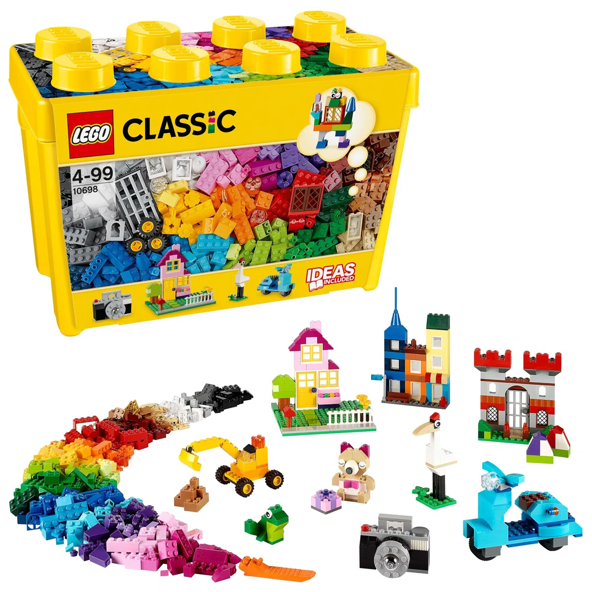 LEGO 10698 Classic Scatola Mattoncini Creativi Grande, Set per Costruire Macchina Fotografica, Vespa e Ruspa Giocattolo, Giochi per Bambini e Bambine da 4 Anni, Contenitore Idee Creative, Idea Regalo