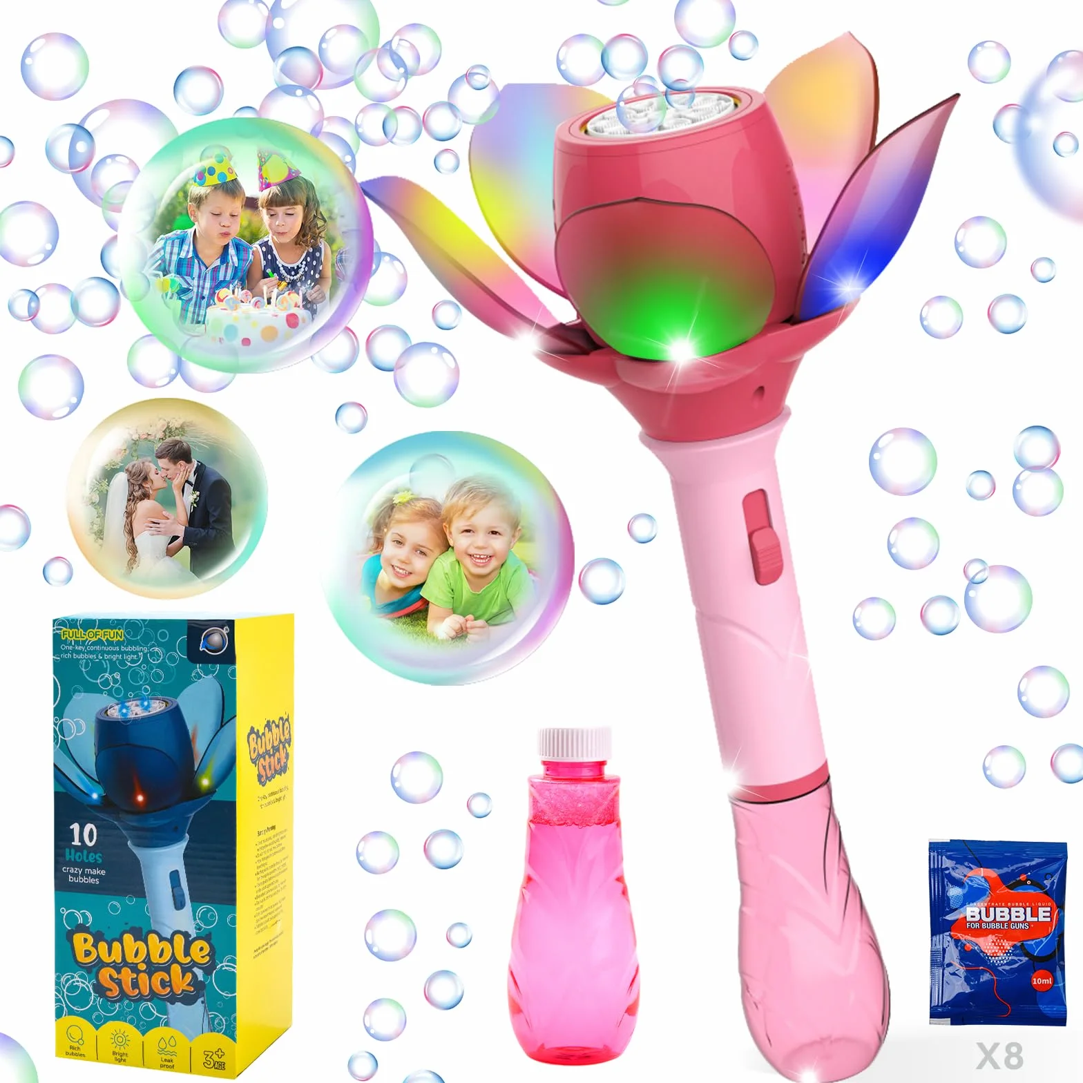 Fiore di Loto Pistola a Bolle, Pistola Bolle di Sapone Bambini 10000+ Bolle/Minuto, Sparabolle di Sapone Bambini Automatico con 120ml Soluzione di Bolla e 8x 10ml Bolla Bottiglia di Ricarica