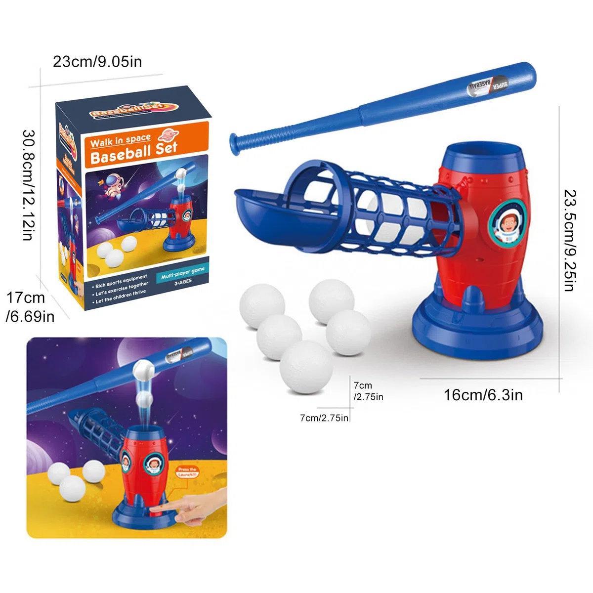 Baseball Pitching Machine, Toy Pitcher, 14.17 inches, Tennis Baseball with Balls Easy Automatic Sports Game, T Ball Set for Kids Ages 3-8, Batting Practice, Backyard Training