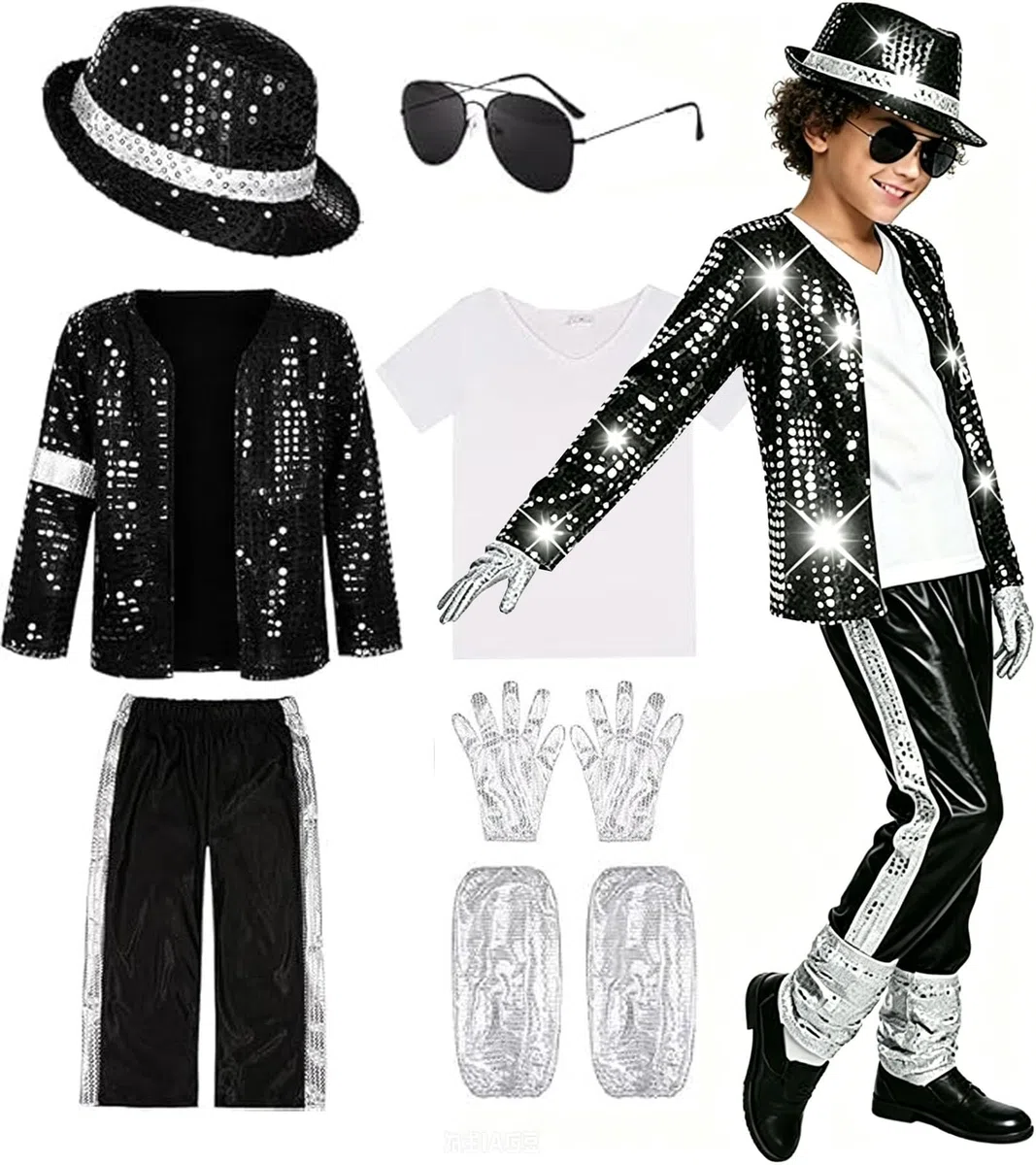 Generico 7 Pcs per Costume Halloween Pop Star - Giacca Nera con Paillettes, Pantaloni, Cappello, Guanti Travestimento Retrò Anni '80/'90 per Spettacoli Scena per Feste Halloween