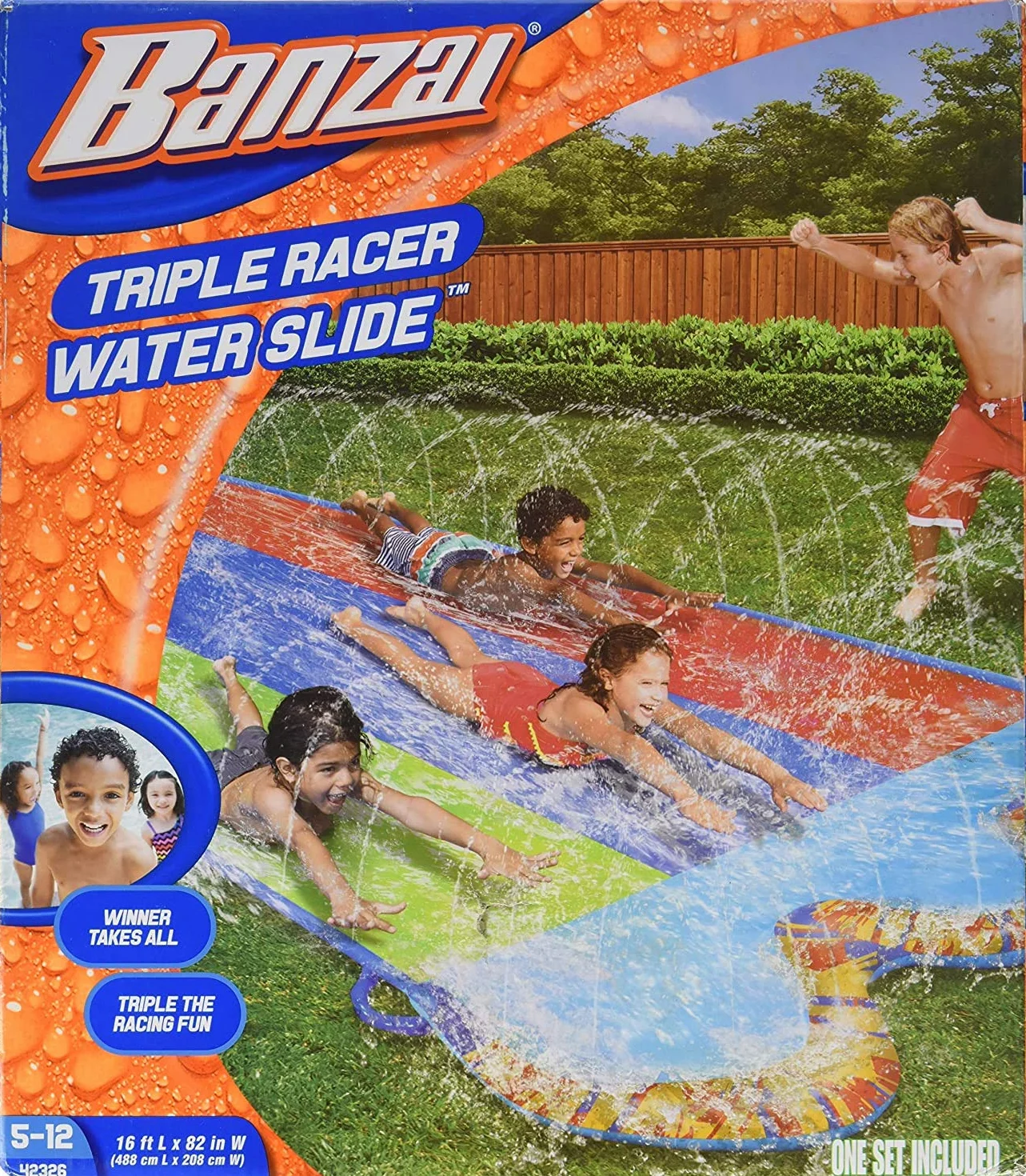 BANZAI Scivolo d'acqua triplo Racer, lunghezza: 4,9 m, larghezza: 208,3 cm, giocattolo gonfiabile per esterni
