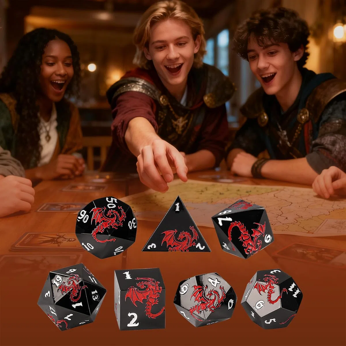Set di 7 dadi poliedrici in metallo, motivo drago rosso piatto, D&D, con sacchetto regalo, D4 D6 D8 D10 (00-90 e 0-9) D12 D20, dadi per giochi di ruolo per D&D MTG, neri